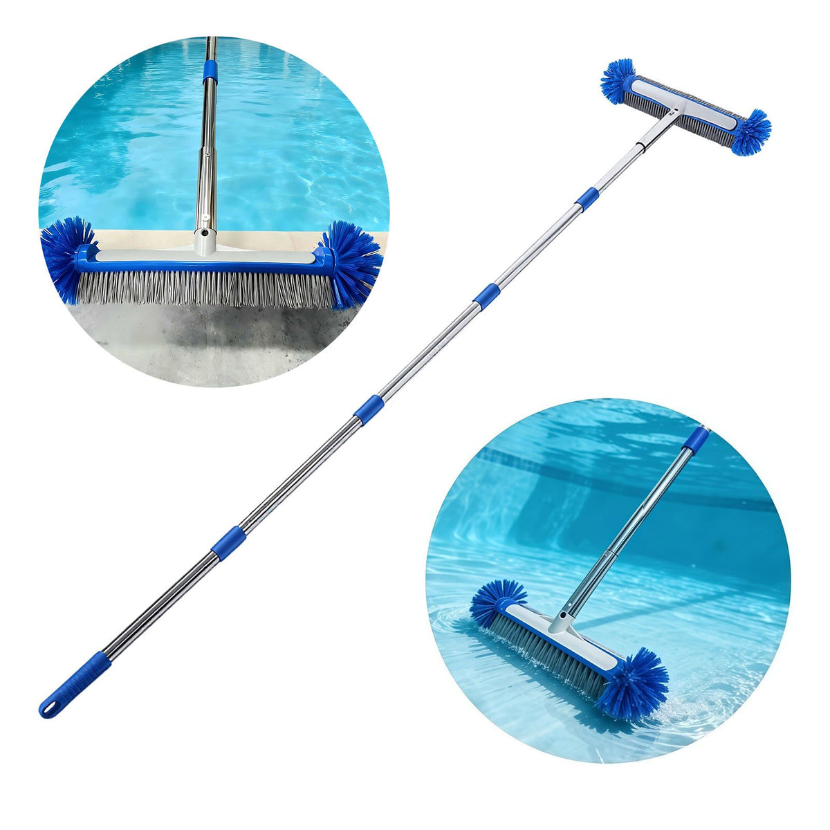 Pool Brush with Round Ends with EZ Clip for Cleaning Pool Walls, Steps, Inground/Above Ground Swimming Pool 6.3FT Pole 193CM