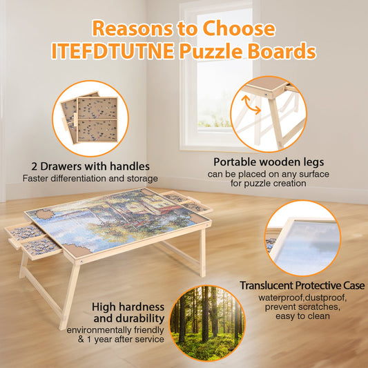 1500 Piece Puzzle Board With Folding Legs And 2 Sliding Drawers,34" X 26" Wooden Jigsaw Puzzle Table,Wood Puzzle Tray For Adults And Kids
