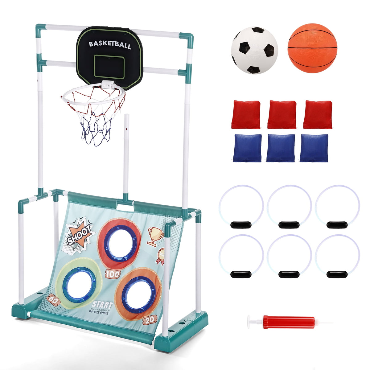 4-in-1 Kids Sports Game with Lights, Sandbag Toss Ring Throw Basketball Soccer Game, Gift for Indoor Outdoor Party