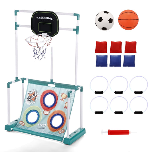 4-in-1 Kids Sports Game with Lights, Sandbag Toss Ring Throw Basketball Soccer Game, Gift for Indoor Outdoor Party