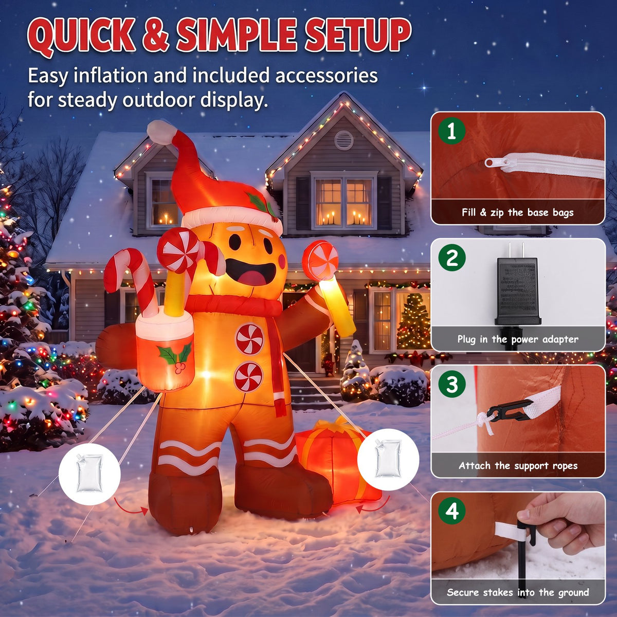 8 FT Christmas Inflatable Gingerbread Man in Lollipop Outdoor Decorations with 5 LED Lights Holiday Yard Decoration Christmas Blow Up Decor Large Sets for Garden Lawn Xmas Party