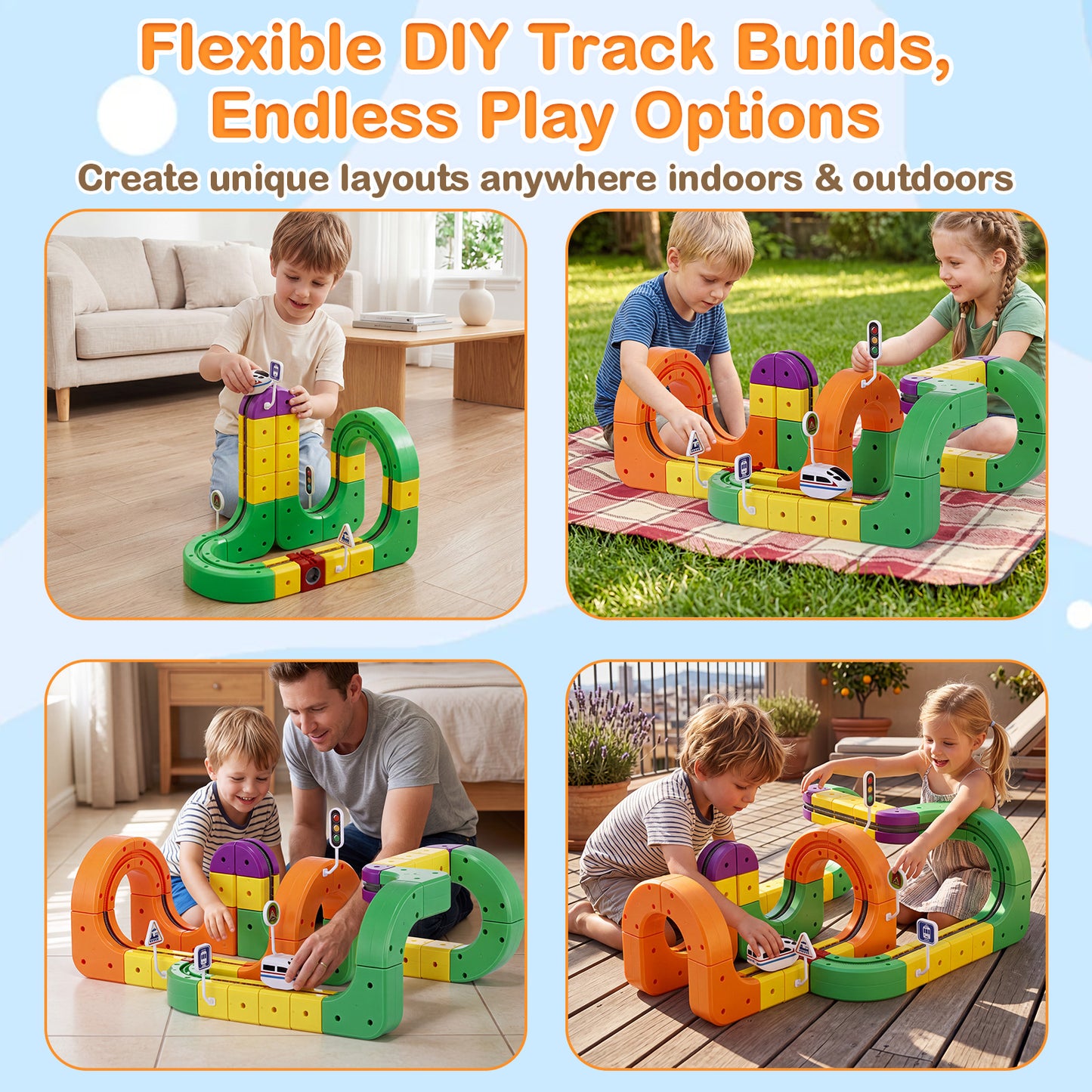 Electric Train Track Set for Kids(Gear style), 81PCS DIY Flexible Race Track Building Cube Toy Train with Traffic Signs, Christmas Birthday Gift for Kids Boys and Girls Aged 3-8