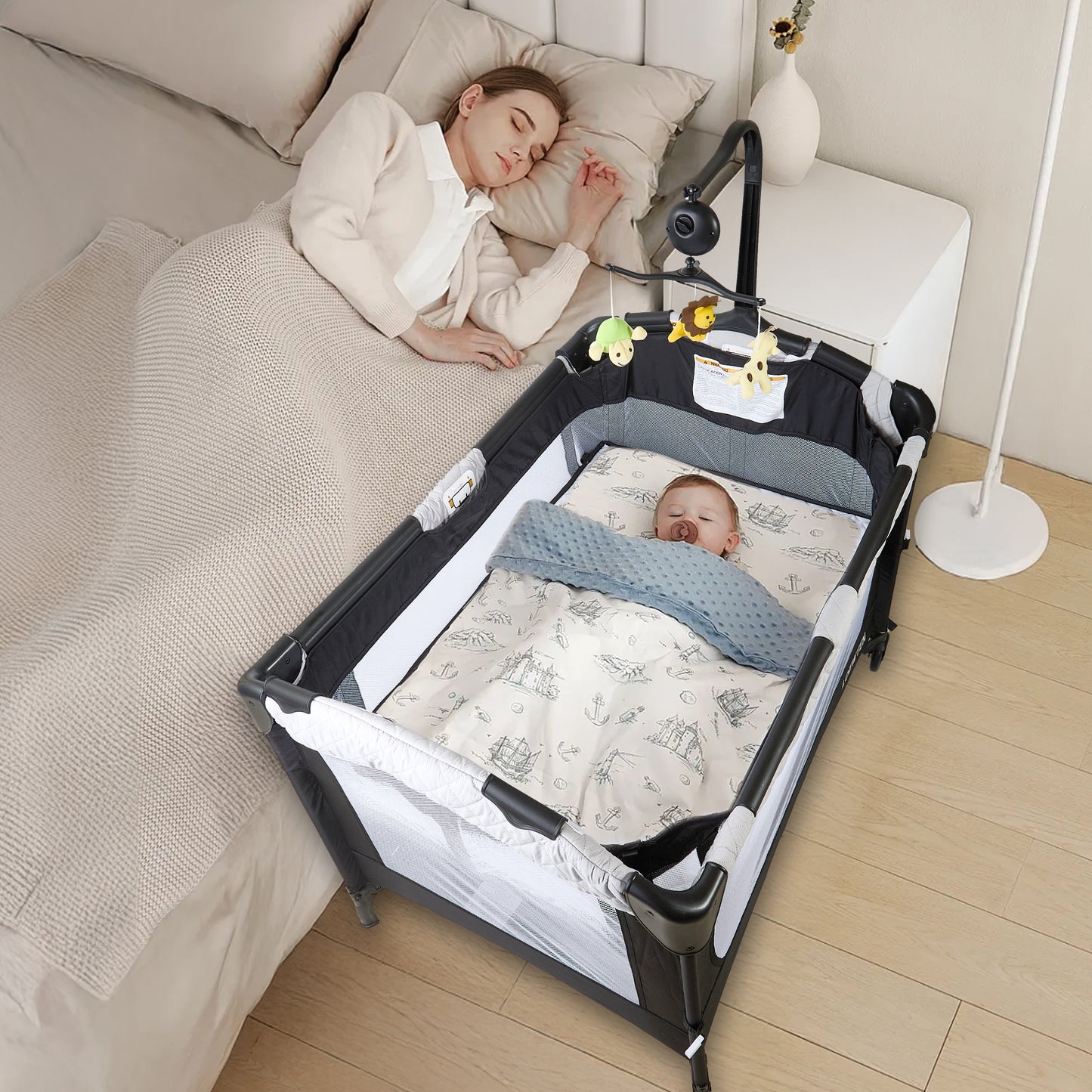 Baby Bassinet,Bedside Bassinet for Baby,5 in 1 Bassinet Bedside Sleeper with Wheels,Easy Folding Portable Baby Bed with Changing Table for Infant Newborn (Black)