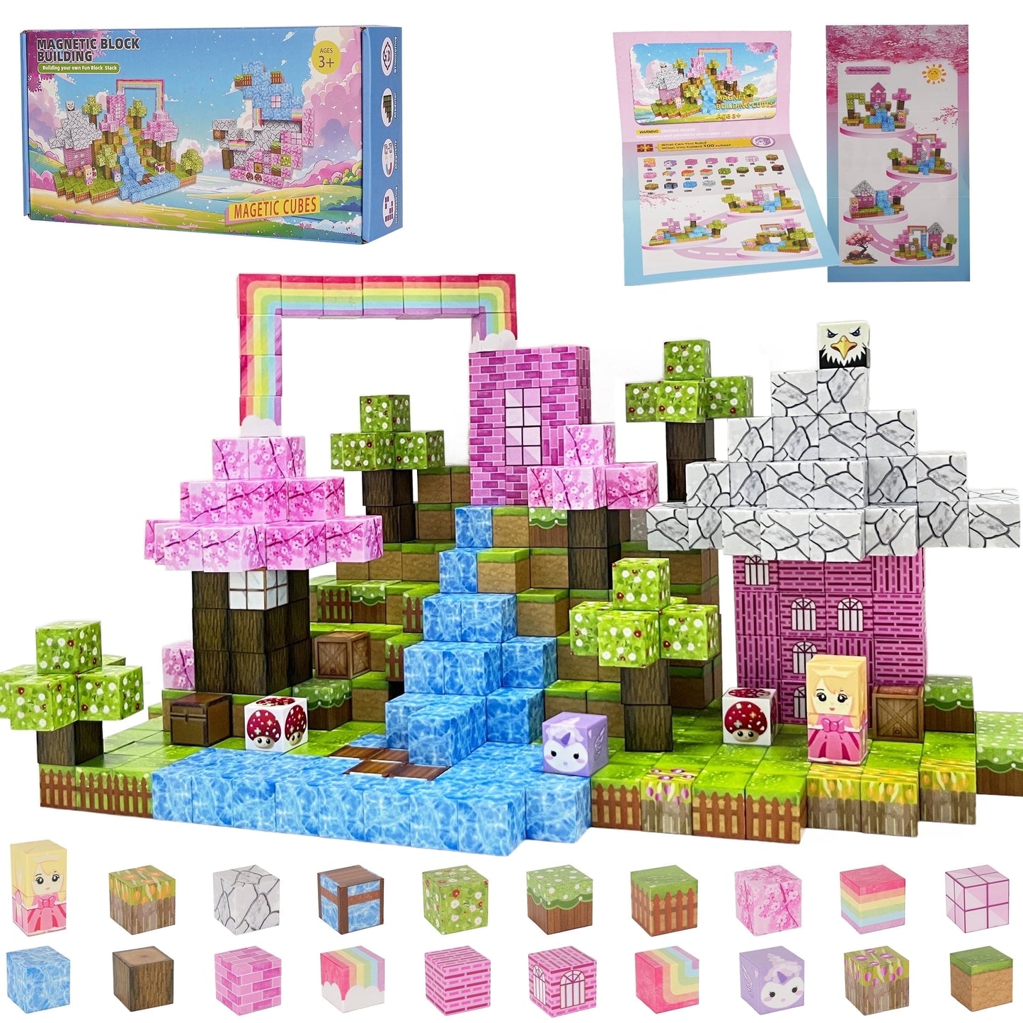 Crtynell 100 PCS Magnetic Blocks- magnetic block Pink Castle Set for 3-5 Years Old 6-8 Years Old Boys and Girls, Sensory Toys for Toddlers, Birthday Gifts for Kids