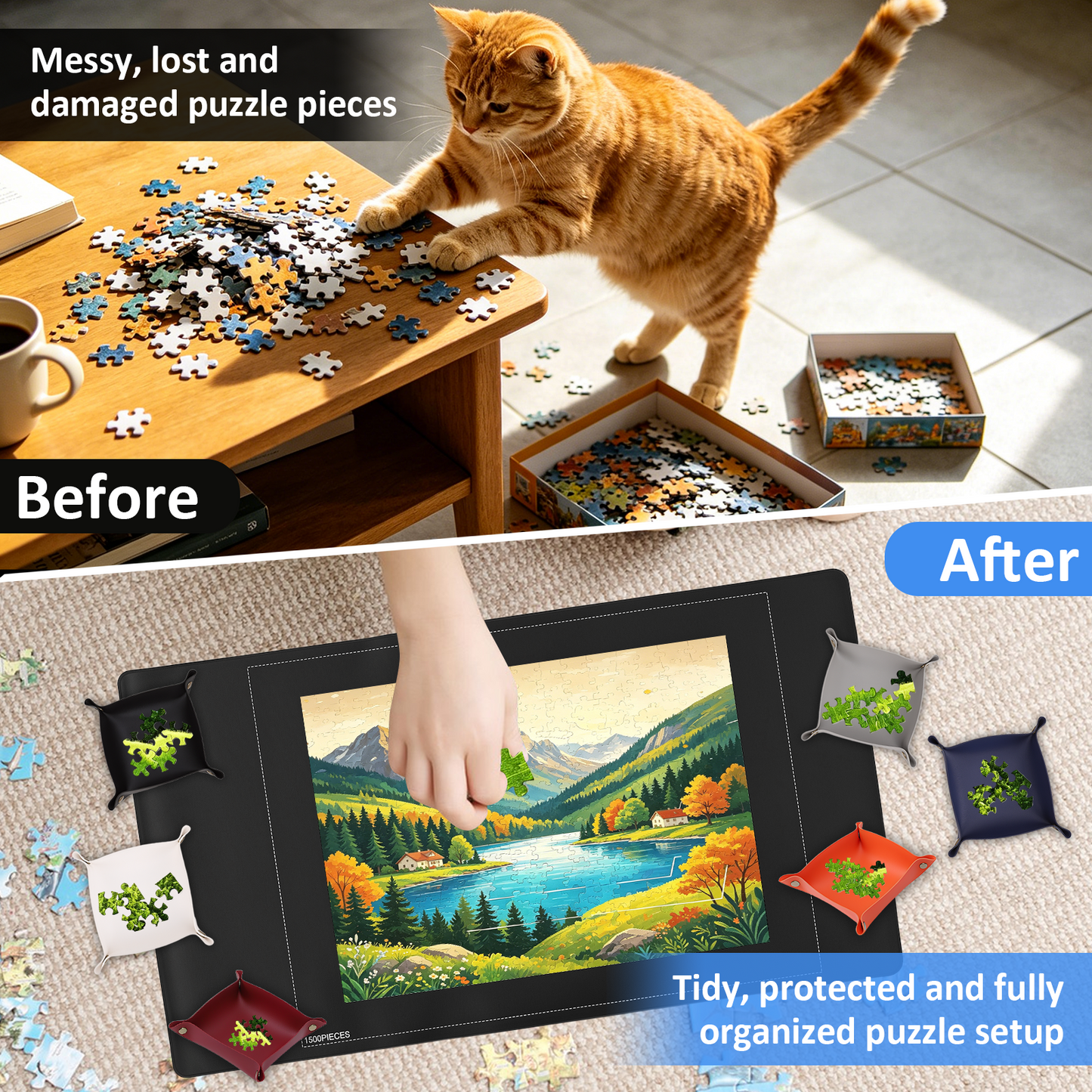 Jigsaw Puzzle Mat Kit for 1500 Pieces, 46x26 Inch Roll-Up Puzzle Saver with Non-Slip Backing, 6 Sorting Trays & Travel Storage Bag