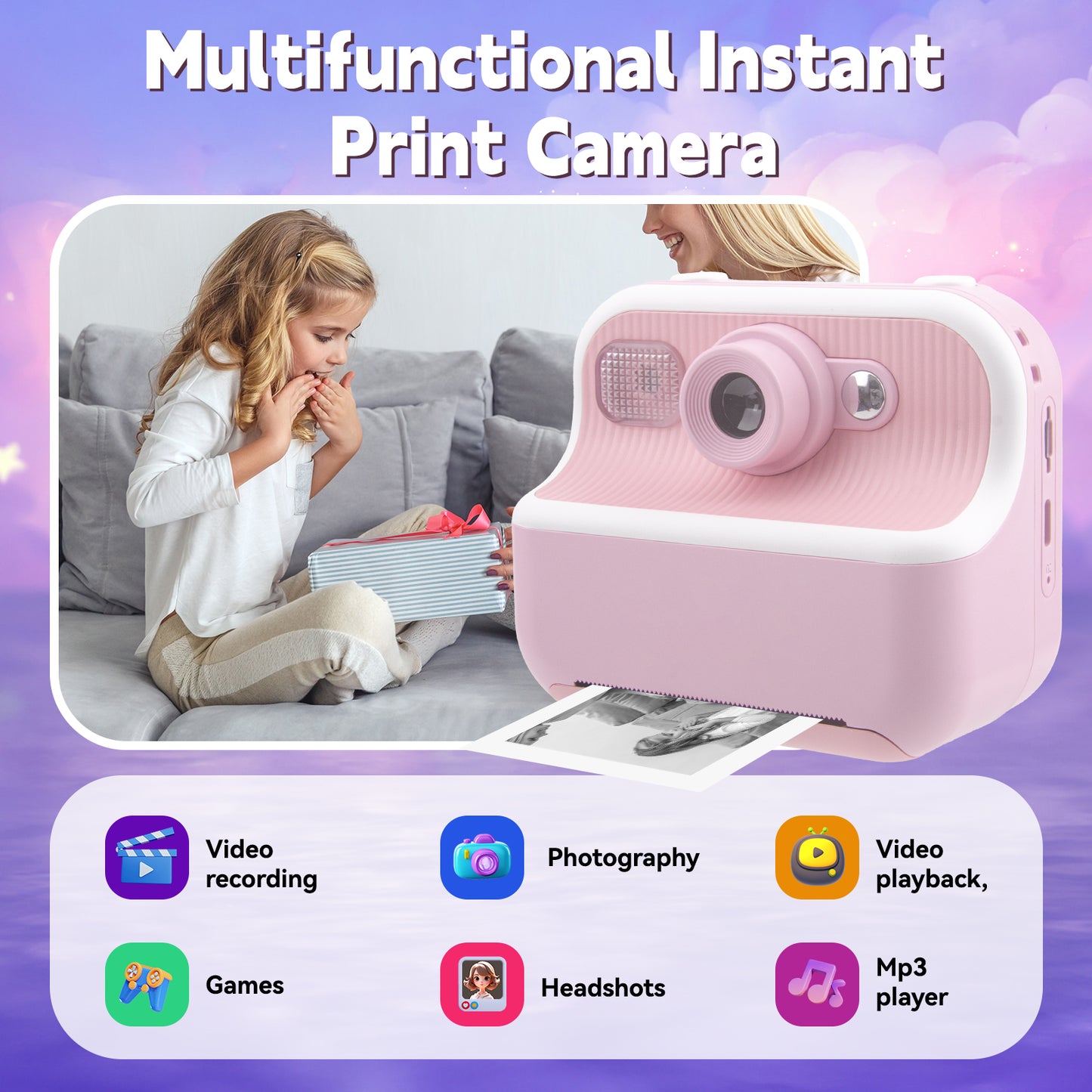 DOMQGA Kids Camera Instant Print,1080P Rechargeable Portable Kids Digital Cameras Christmas Birthday Gifts with 32G SD Card,Pink