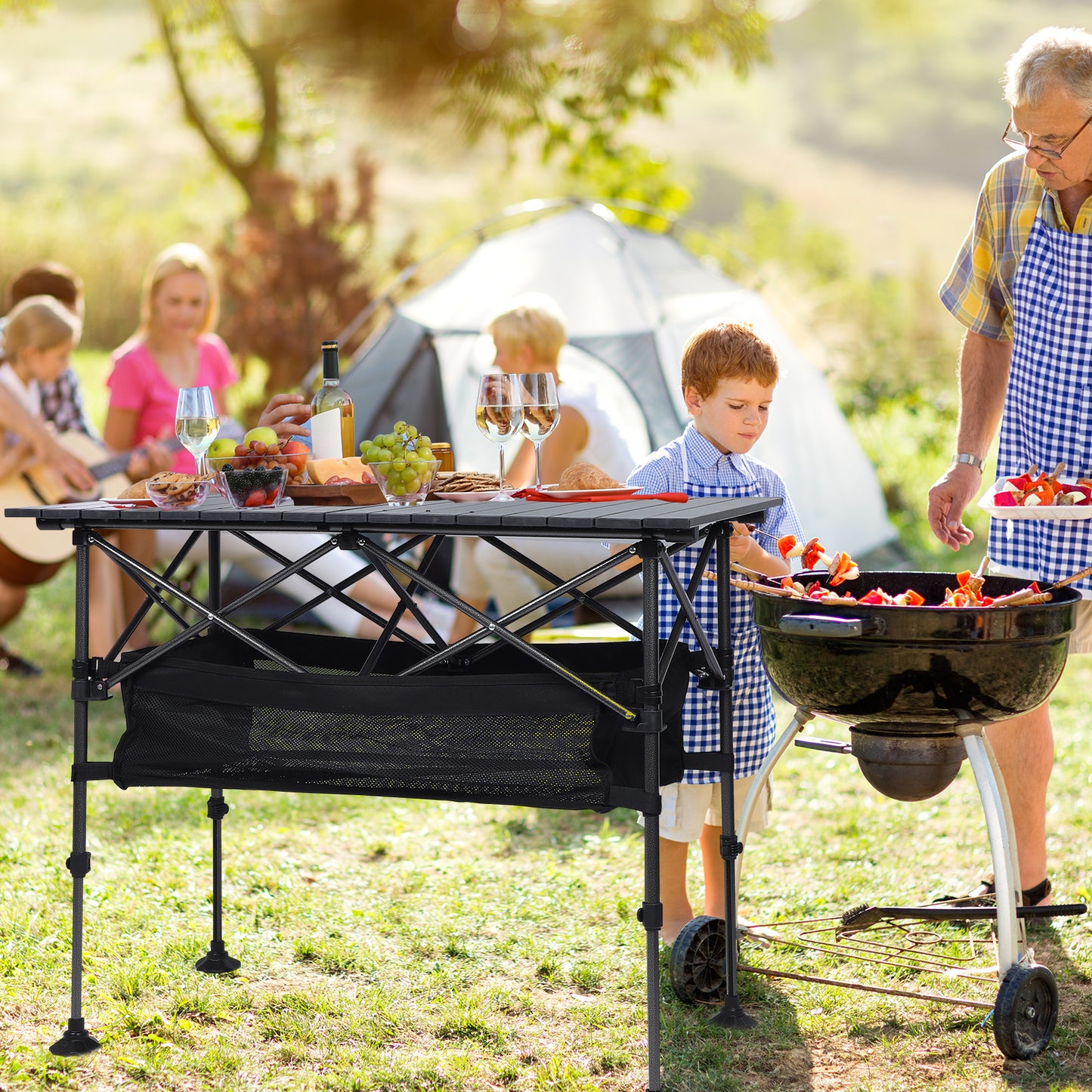 Loewten Camping Table with Adjustable Height 22"-30, Wide Feet, Storage & Carrying Bags for Picnic, BBQ, Beach, Backyard, Party