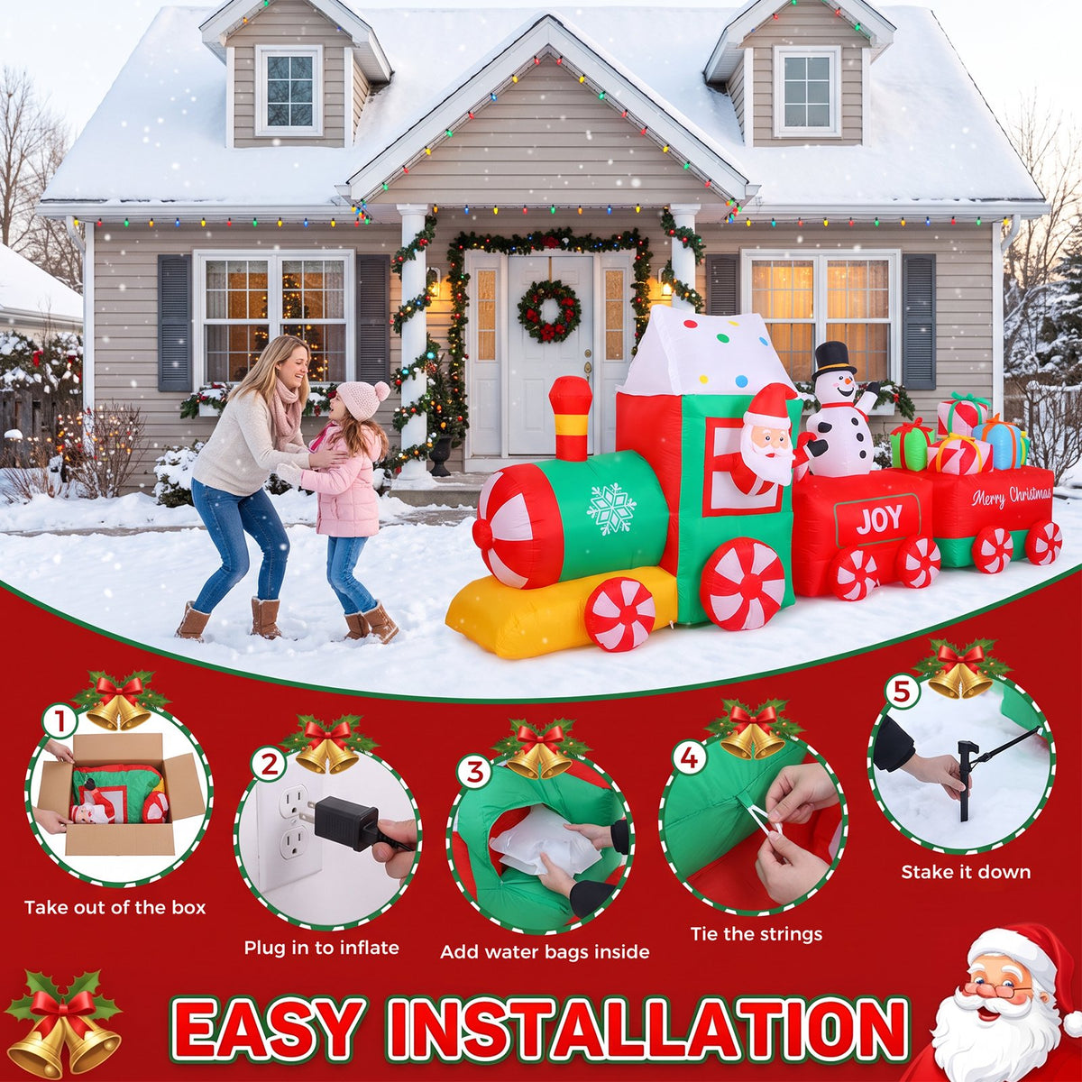 12 FT Christmas Inflatable Train with Santa,Snowman and Gift Outdoor Decoration, Christmas Blow Up Yard Decorations, Built-in LED Lights Inflatables Xmas Holiday Funny Decor for Indoor Lawn Garden