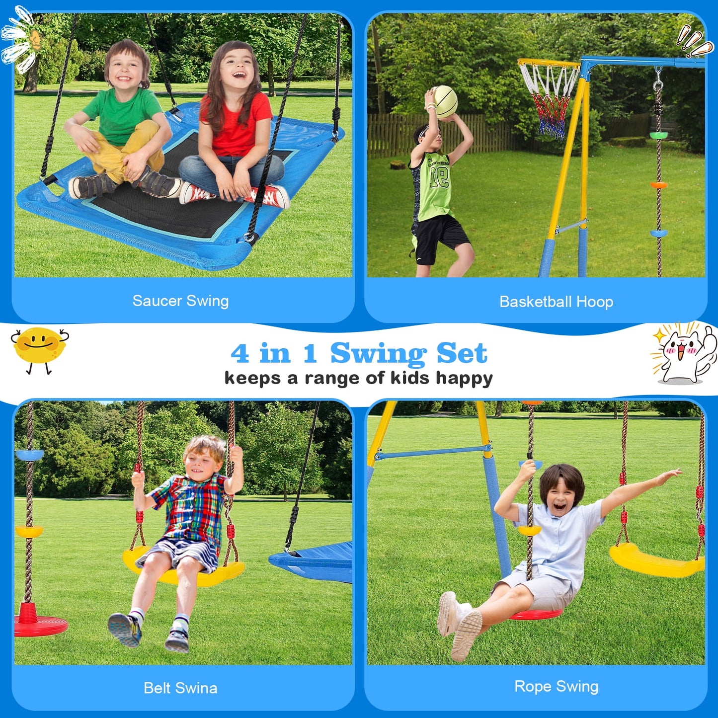 4 in 1 Swing Sets for Outside,kids Metal Swing Set with Saucer Swing,Climbing Rope,Basketball Hoop