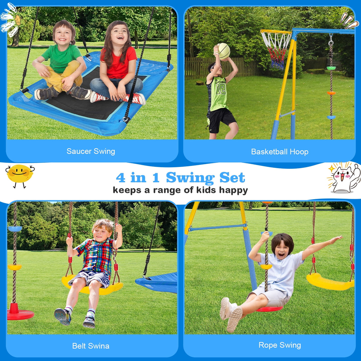 4 in 1 Swing Sets for Outside,kids Metal Swing Set with Saucer Swing,Climbing Rope,Basketball Hoop