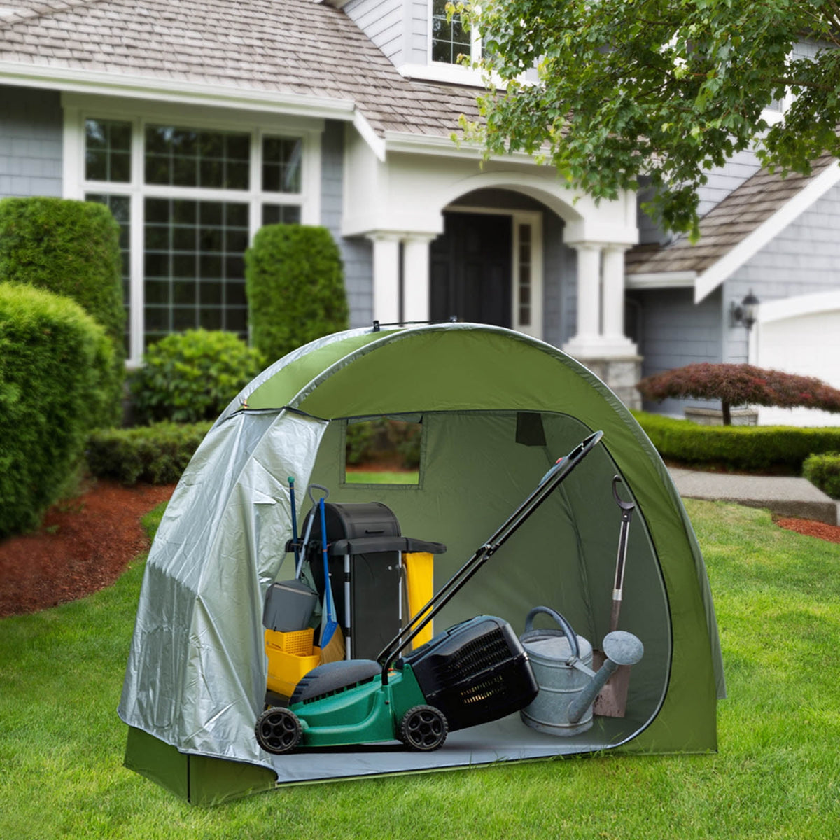 Bike Storage Tent for Outdoor, 4 to 5 Bikes, Portable Floor Storage Shed with Ventilated Window, Waterproof for Bicycle, Motorcycle & Garden Tools