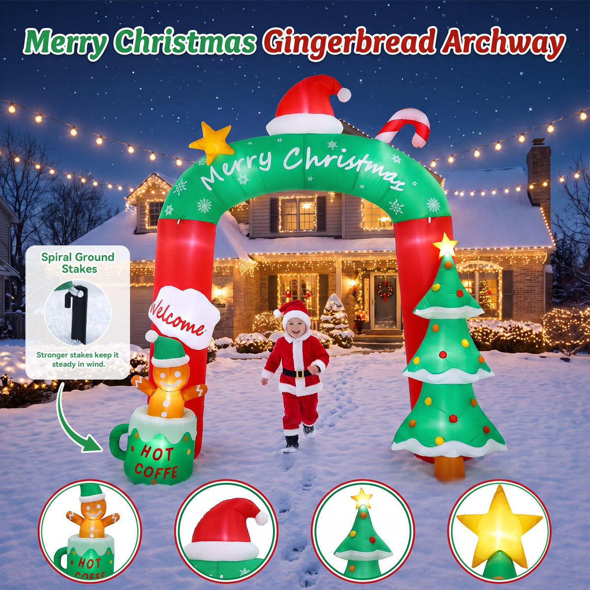9 FT Christmas Inflatables Archway, Santa Claus & Gingerbread Man Archway for Outdoor, Lawn, Garden, Yard, Party Holiday Decorations