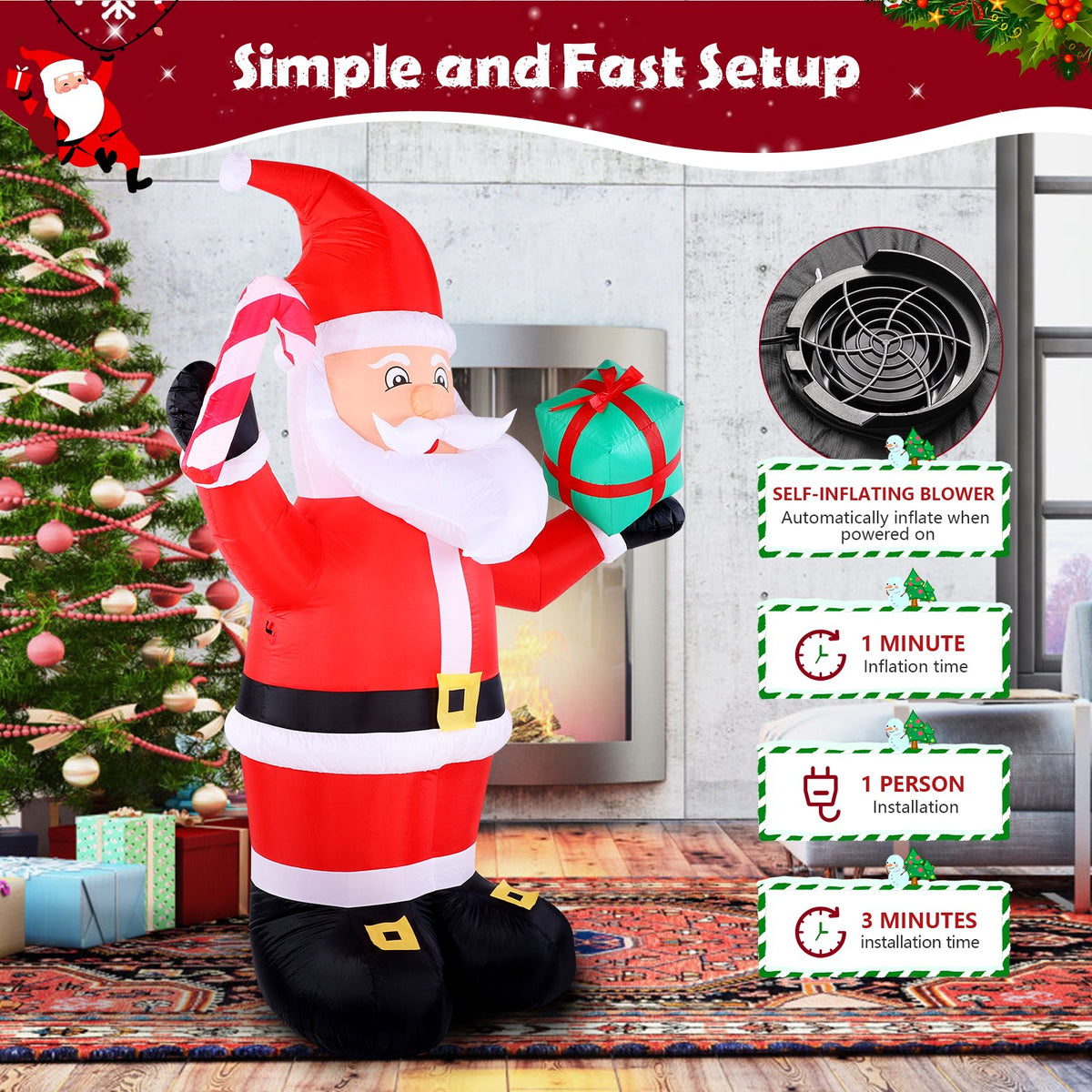 KALNUR 8 FT Christmas Inflatable Santa Claus Outdoor Decorations, Built-in LED Light, Xmas Outside Decor for Yard Garden Lawn