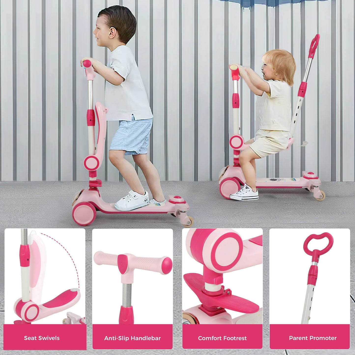 Crtynell Kids Kick Scooter With 3 Light Up Wheels, Toddler Scooter With Adjustable Handle And Folding Seat, 3-In-1 Toddler Men'S And Women'S Scooter With Push Bar Spinner, Kids Gift (Pink)