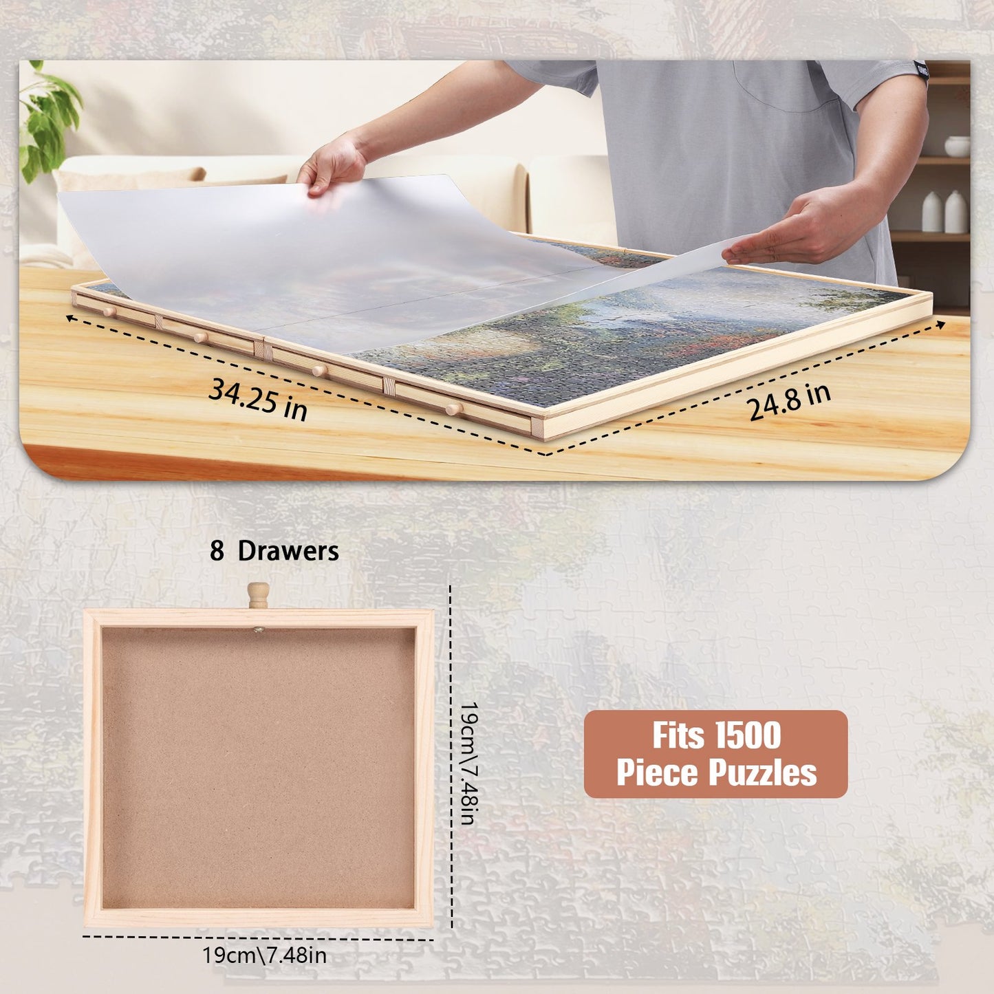 1500 Piece Puzzle Board With Drawers And Cover, 34" X 26" Wooden Rotating Jigsaw Puzzle Table, Fold Spinning Puzzle Boards For Adults And Kids