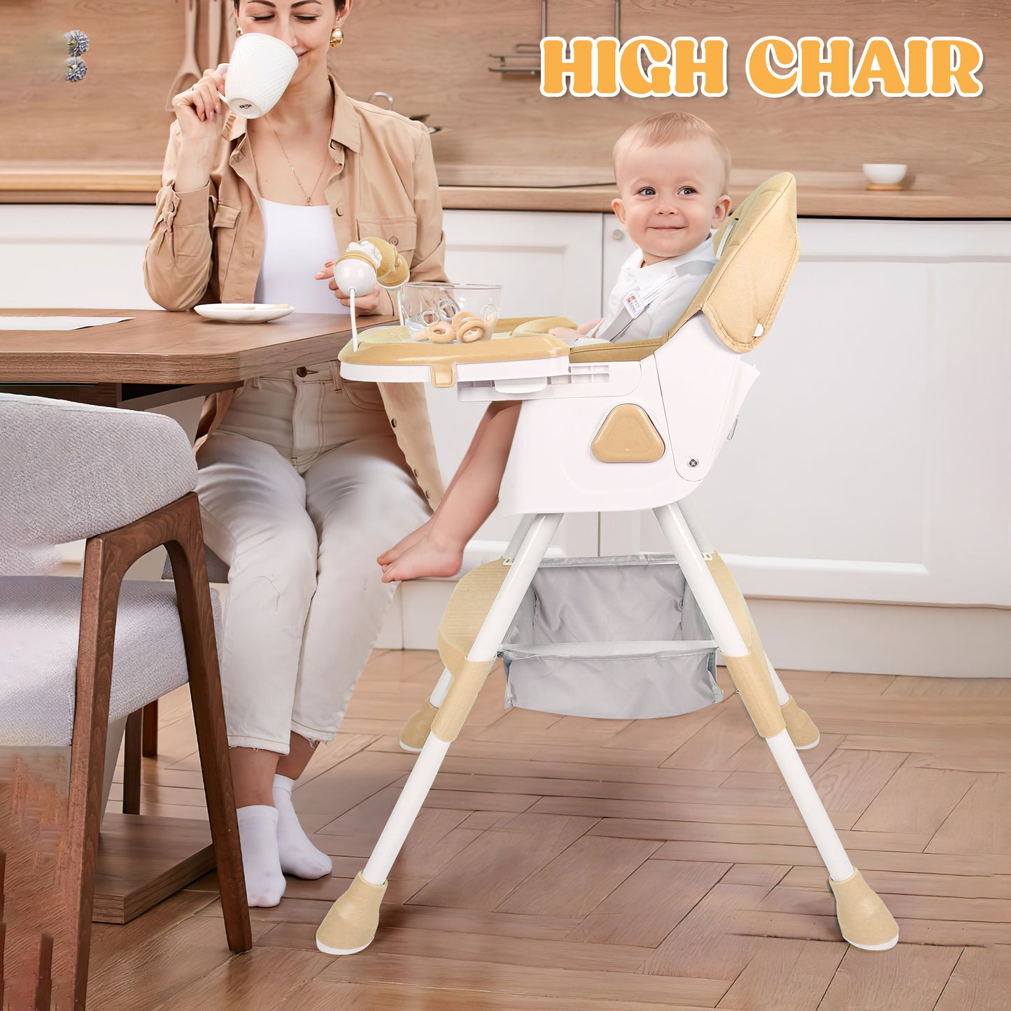 Loewten 4-in-1 Baby High Chair,Portable Folding Dining Chairs with Adjustable Height for Baby and Toddlers,Eat & Play with Five-Point,Brown