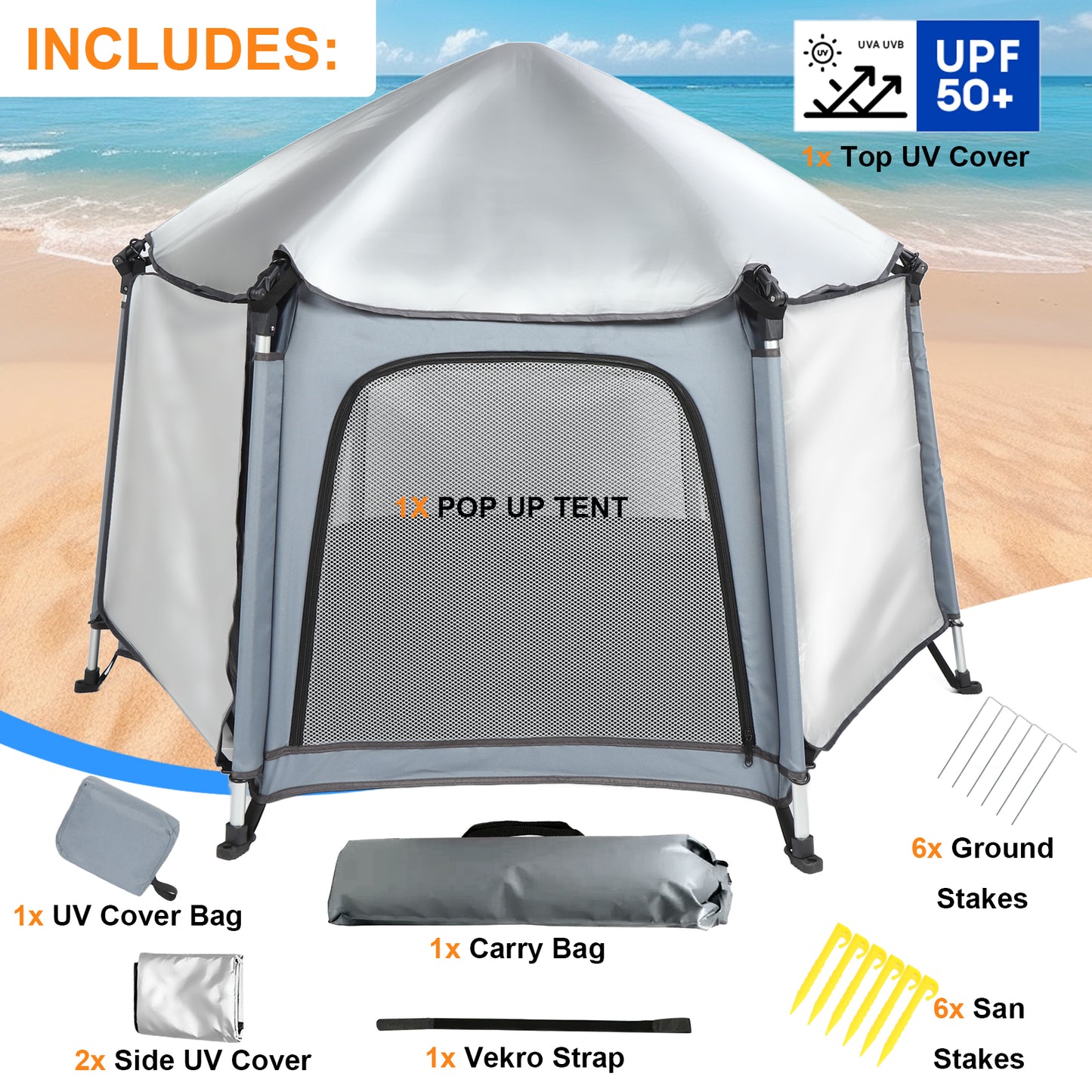 Baby Playpen with Canopy, Portable 1-Click Set Up Baby Tent,Foldable Playpen for Beach, Camping, Home, Lightweight Versatile Toddler Tent, with Travel Bag