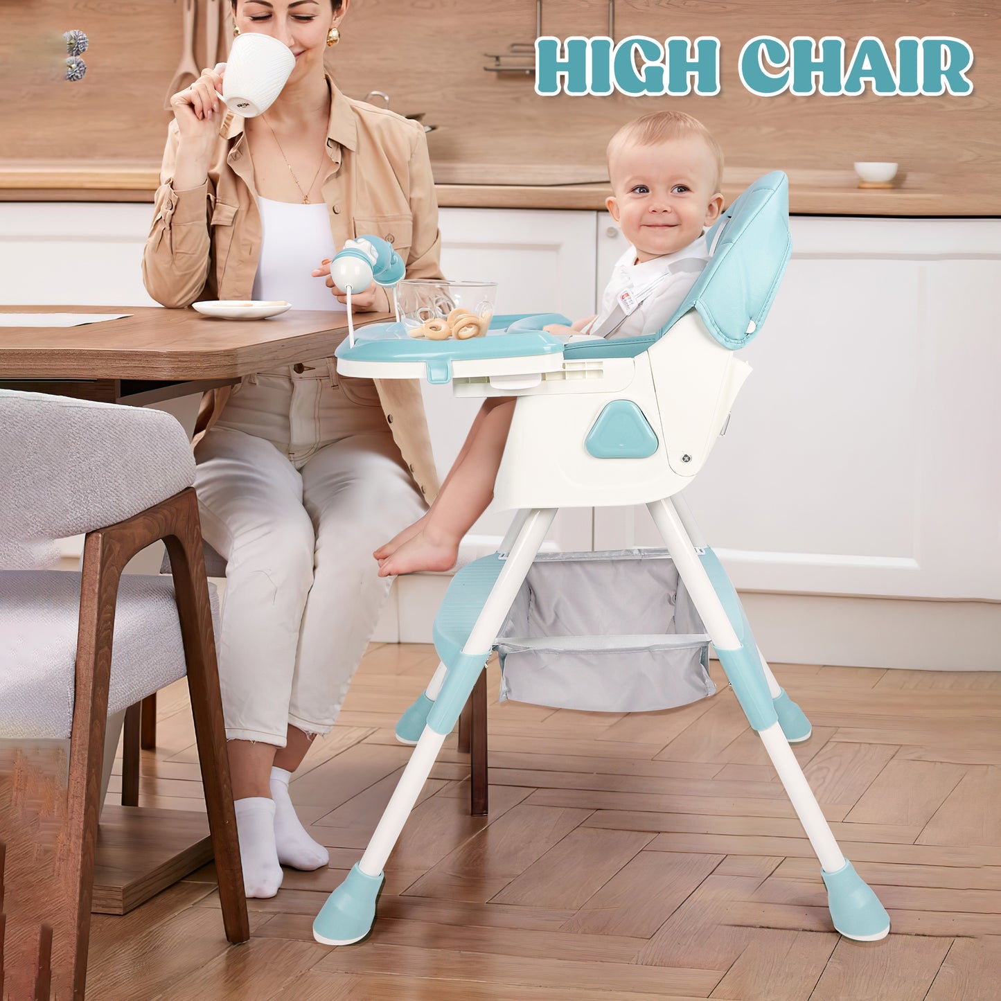 Loewten 4-in-1 Baby High Chair,Portable Folding Dining Chairs with Adjustable Height for Baby and Toddlers,Eat & Play with Five-Point,Blue