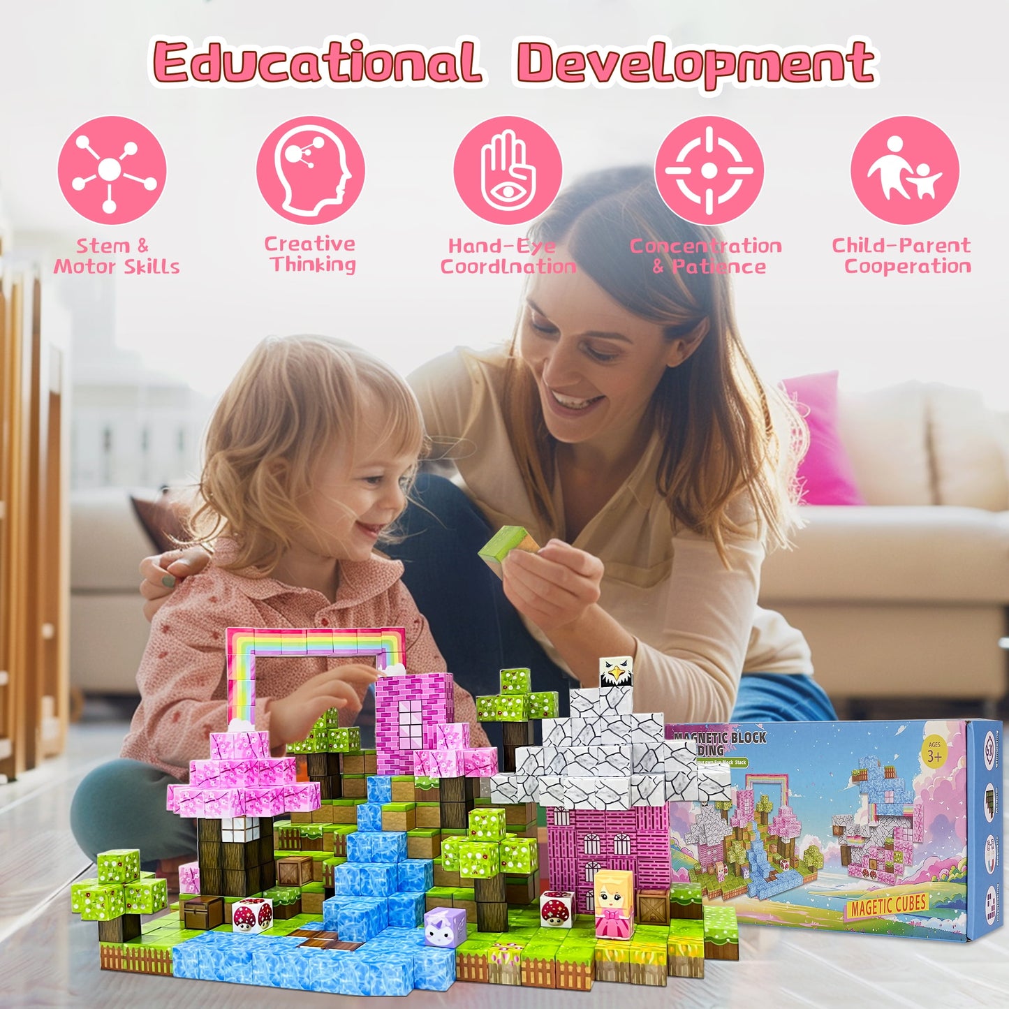 Crtynell 100 PCS Magnetic Blocks- magnetic block Pink Castle Set for 3-5 Years Old 6-8 Years Old Boys and Girls, Sensory Toys for Toddlers, Birthday Gifts for Kids