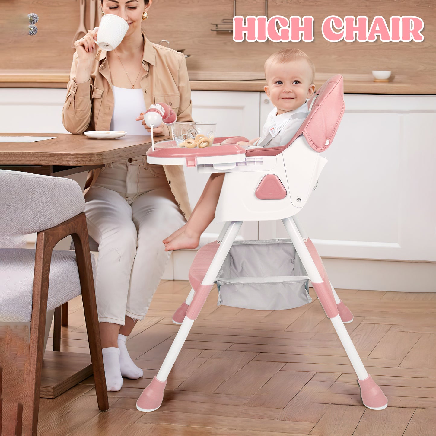 Loewten 4-in-1 Baby High Chair,Portable Folding Dining Chairs with Adjustable Height for Baby and Toddlers,Eat & Play with Five-Point,Pink