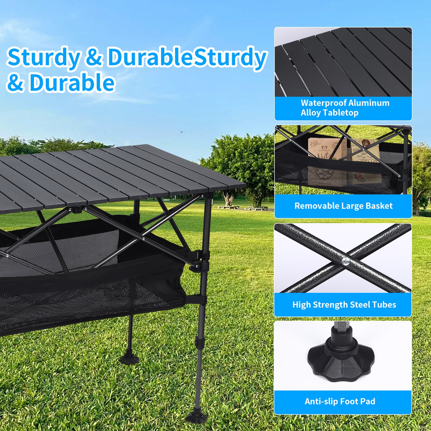 Loewten Camping Table with Adjustable Height 22"-30, Wide Feet, Storage & Carrying Bags for Picnic, BBQ, Beach, Backyard, Party