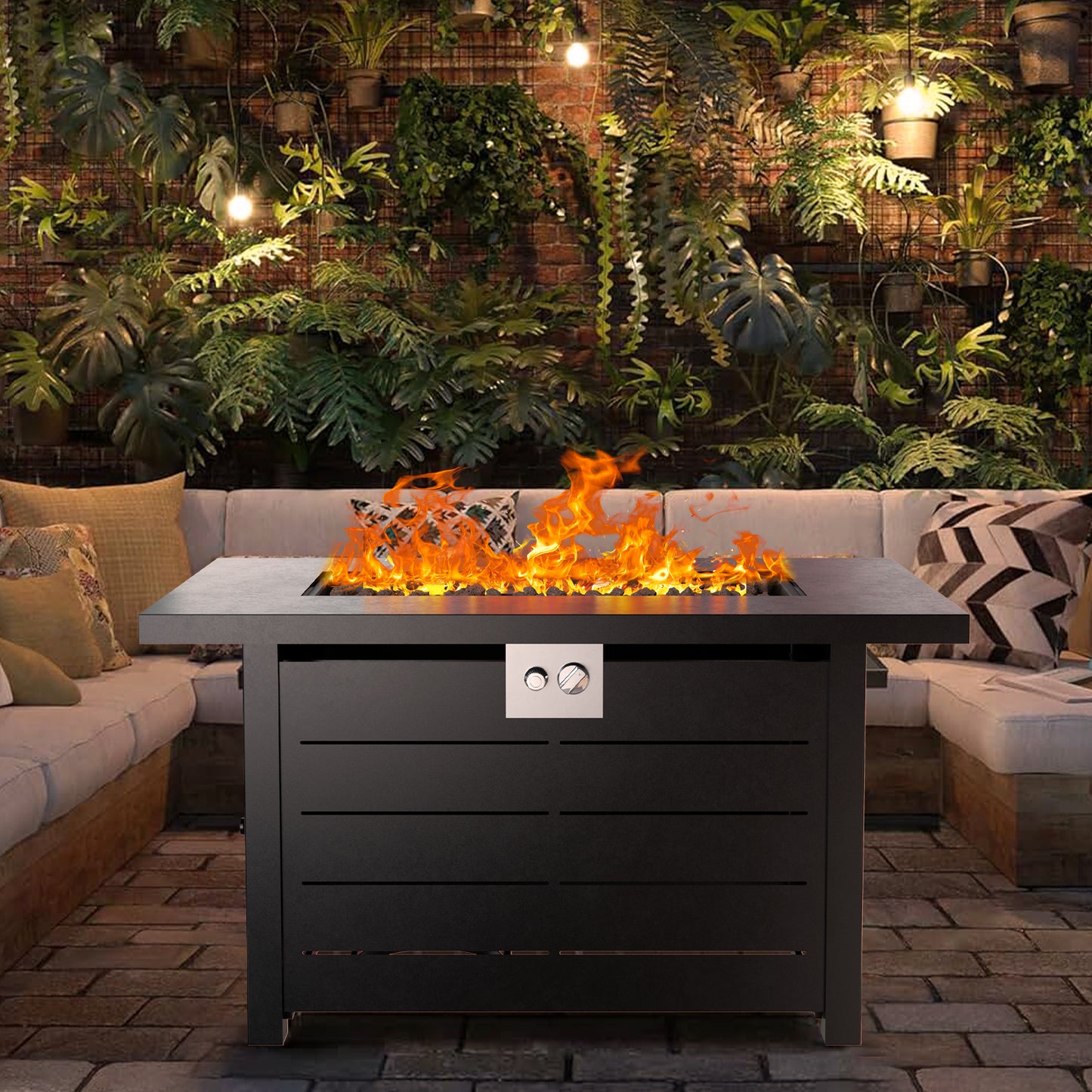 DOMQGA 43" Propane Fire Pit Table,50,000 BTU Steel Gas 2-in-1 Fire Pit Table for Outside with Lid,Lava Rock & Waterproof cover,Rectangle