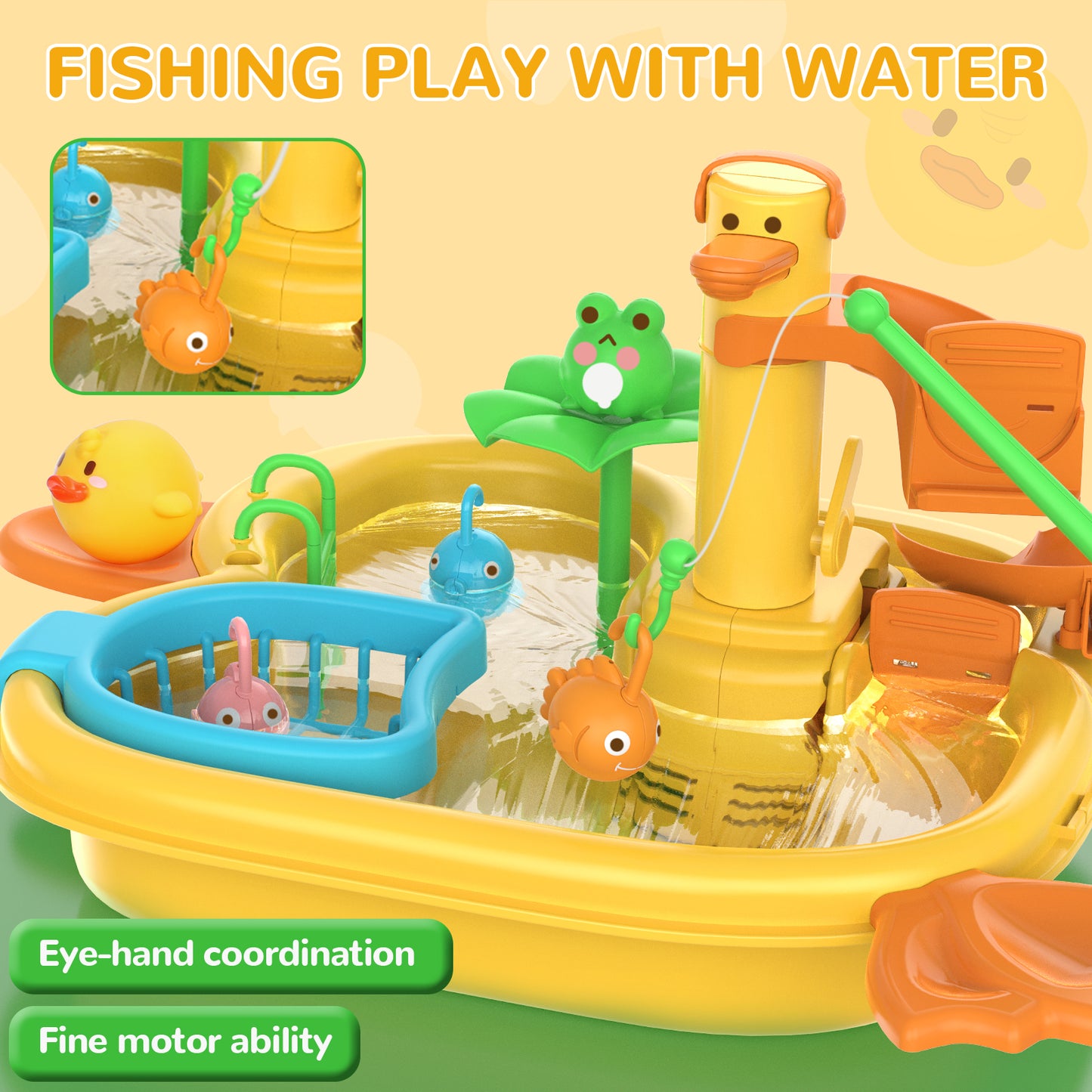 Crtynell Play Sink with Running Water, Kitchen Sink Toys with Play Food and Kitchen Utensils, Pool Floating Toys for Fishing Game, Children Role Play Electric Dishwasher Toy Gift for Boys Girls