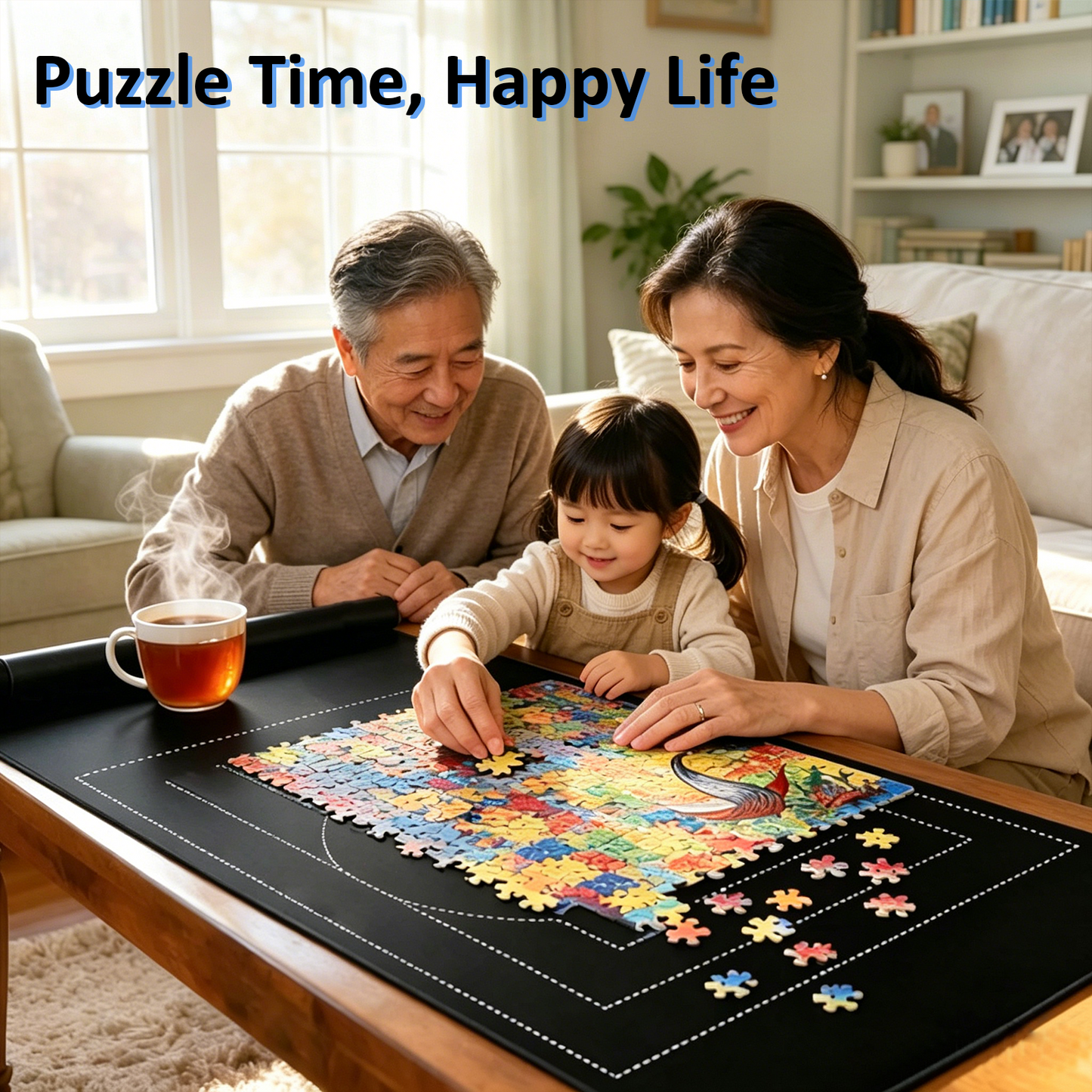 Jigsaw Puzzle Mat Kit for 1500 Pieces, 46x26 Inch Roll-Up Puzzle Saver with Non-Slip Backing, 6 Sorting Trays & Travel Storage Bag