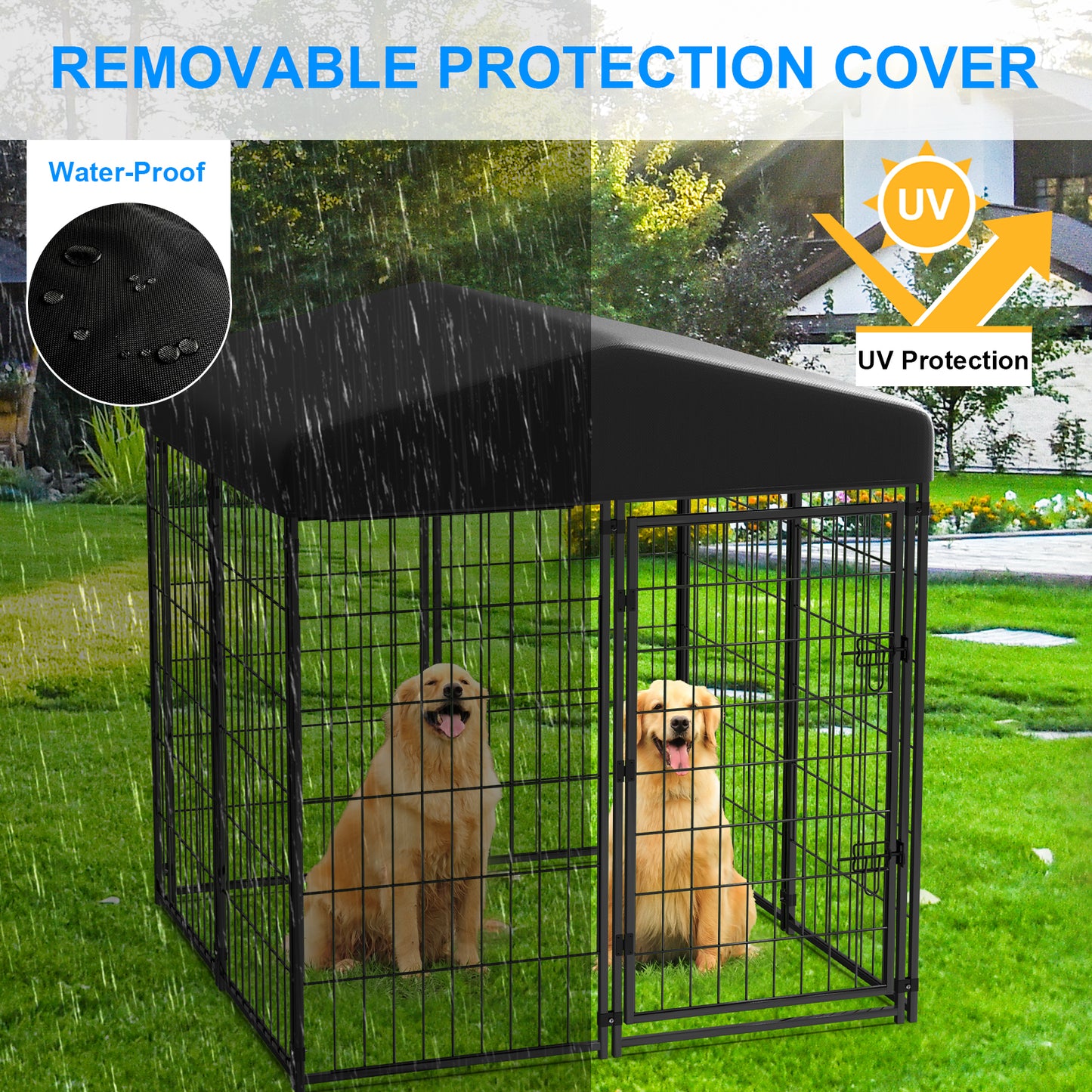 DOMQGA Outdoor Dog Kennel,4ft x 4ft x 4.5ft Heavy Duty Metal Dog Playpen Pet Fences for Yard,Anti-Rust Dog Crate Outside with Waterproof & UV-Resistant Cover