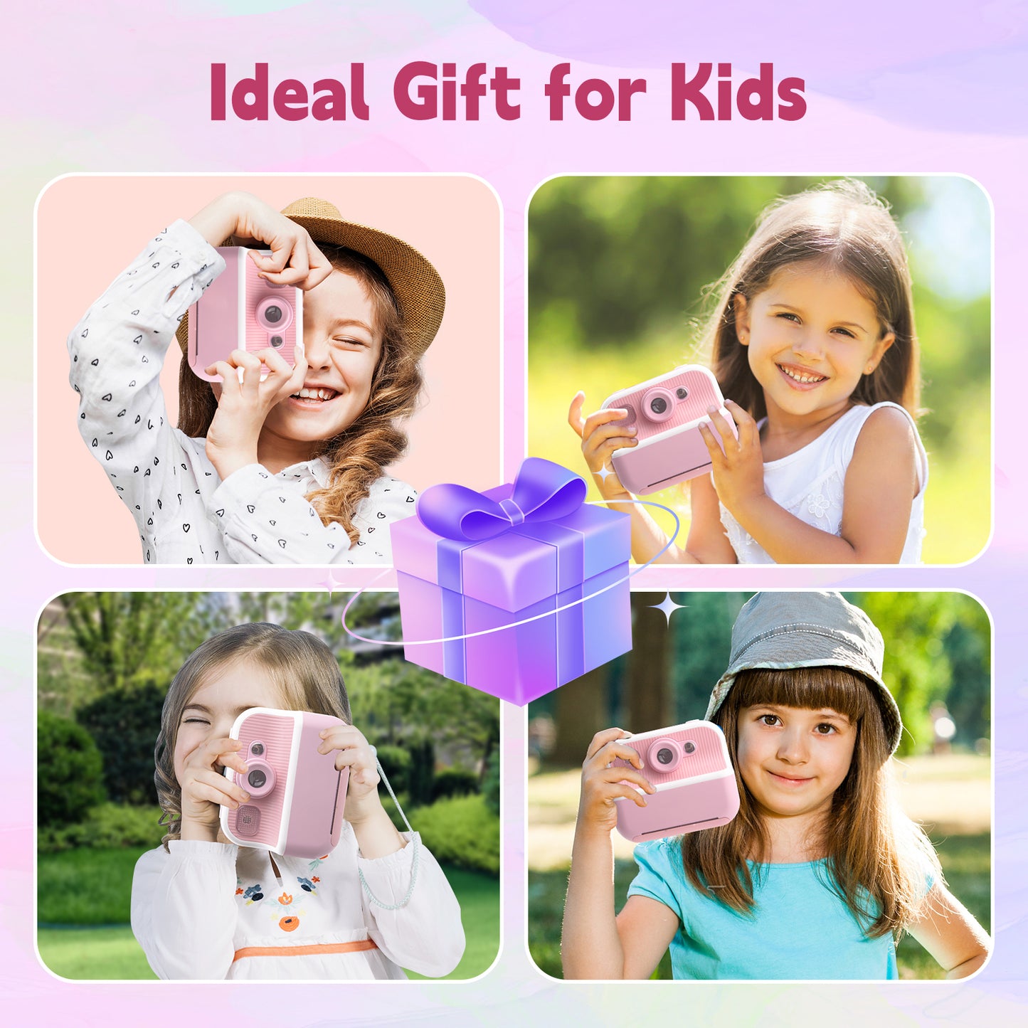 DOMQGA Kids Camera Instant Print,1080P Rechargeable Portable Kids Digital Cameras Christmas Birthday Gifts with 32G SD Card,Pink