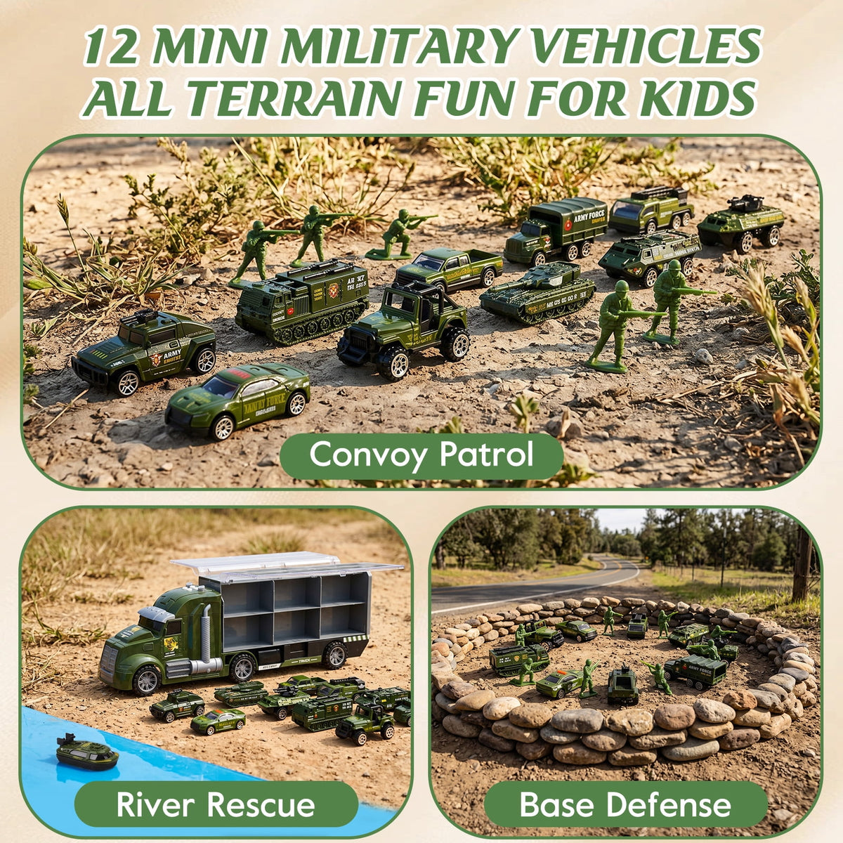 25 in 1 Die-cast Military Army Play Vehicle Set, Vehicles with Sounds and Lights in Carrier Truck, Push and Go Car Toy, Kids Christmas Birthday Gifts for 3 4 5 6 Years Old Boys