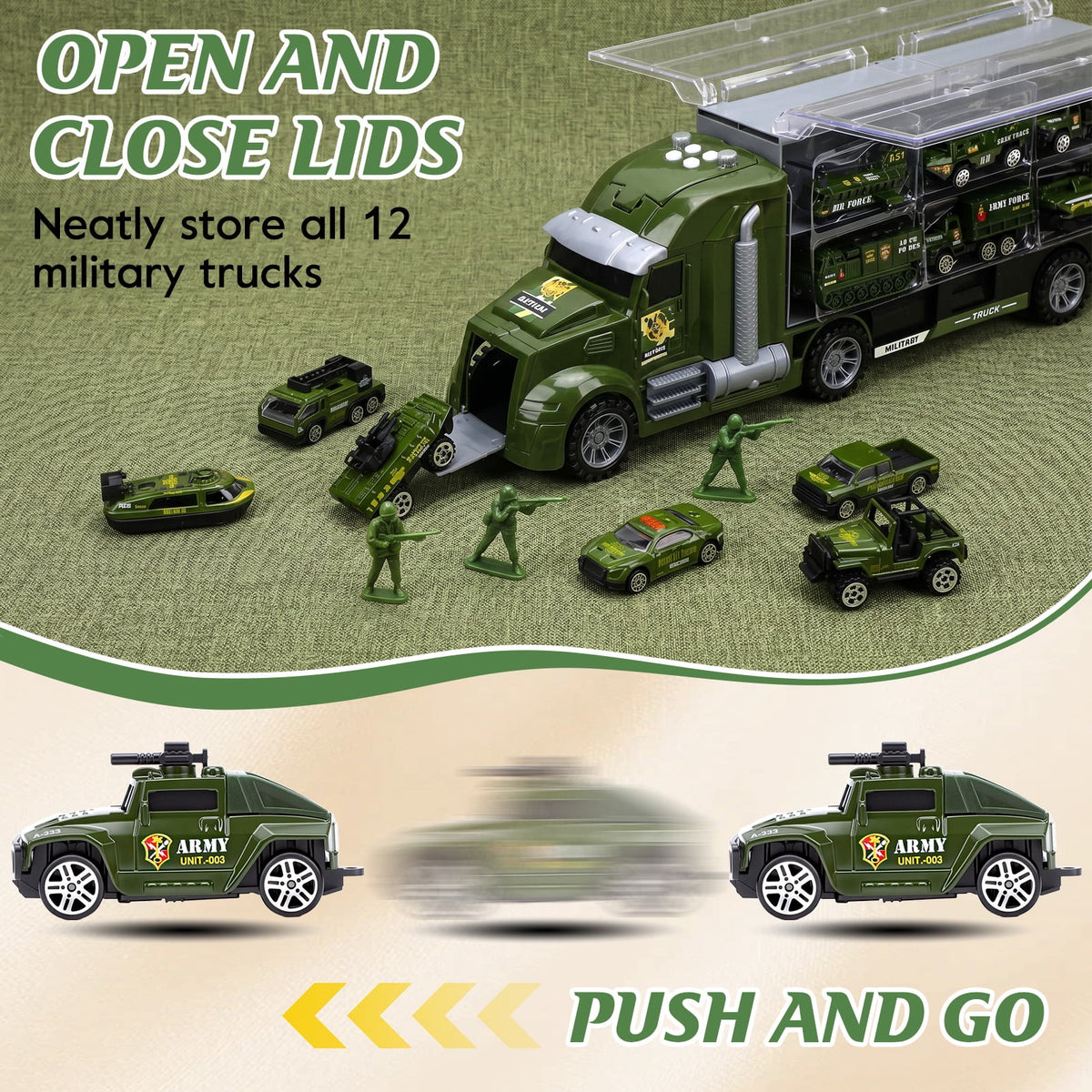 25 in 1 Die-cast Military Army Play Vehicle Set, Vehicles with Sounds and Lights in Carrier Truck, Push and Go Car Toy, Kids Christmas Birthday Gifts for 3 4 5 6 Years Old Boys