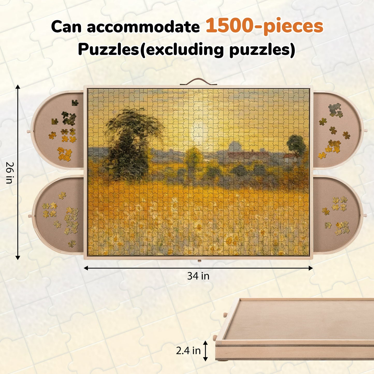 1500 Piece Puzzle Board With Drawers And Cover, 34" X 26" Wooden Rotating Jigsaw Puzzle Table, Spinning Puzzle Boards For Adults And Kids