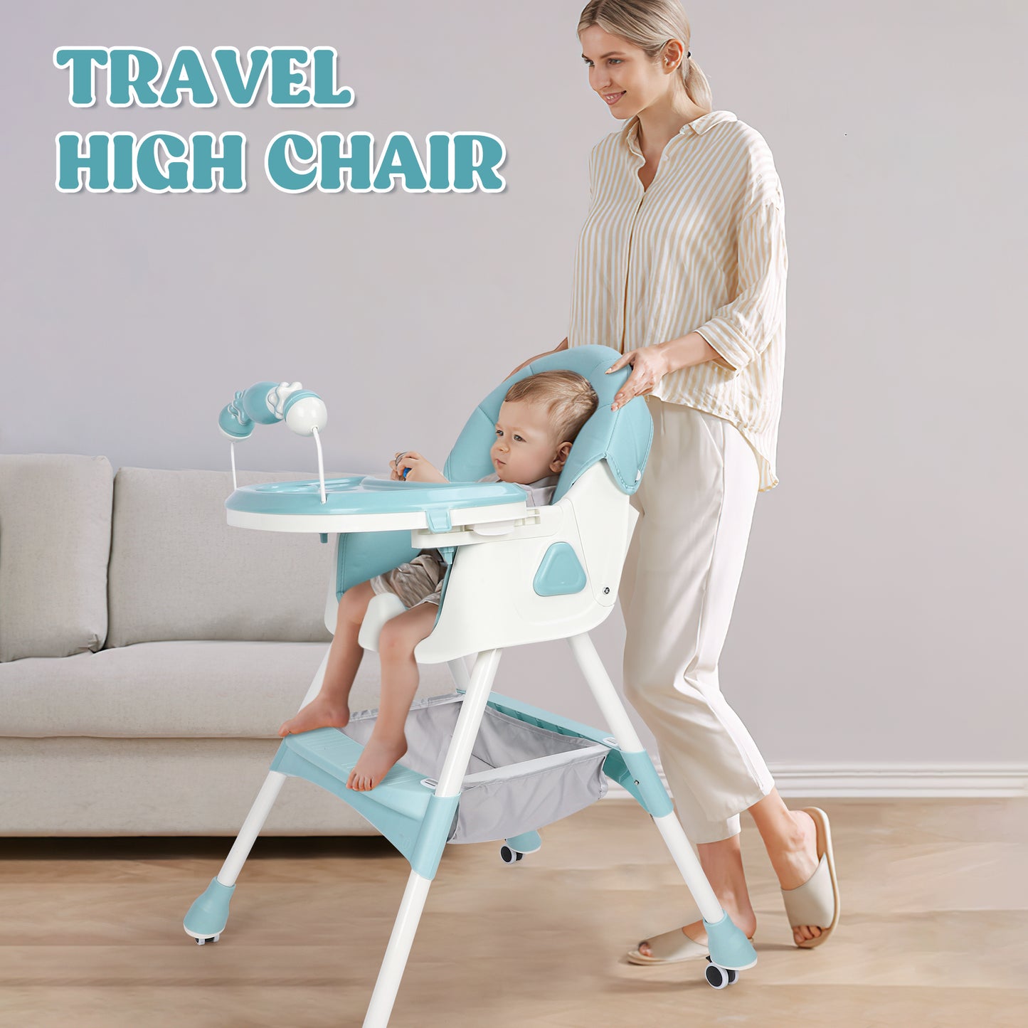 Loewten 4-in-1 Baby High Chair,Portable Folding Dining Chairs with Adjustable Height for Baby and Toddlers,Eat & Play with Five-Point,Blue