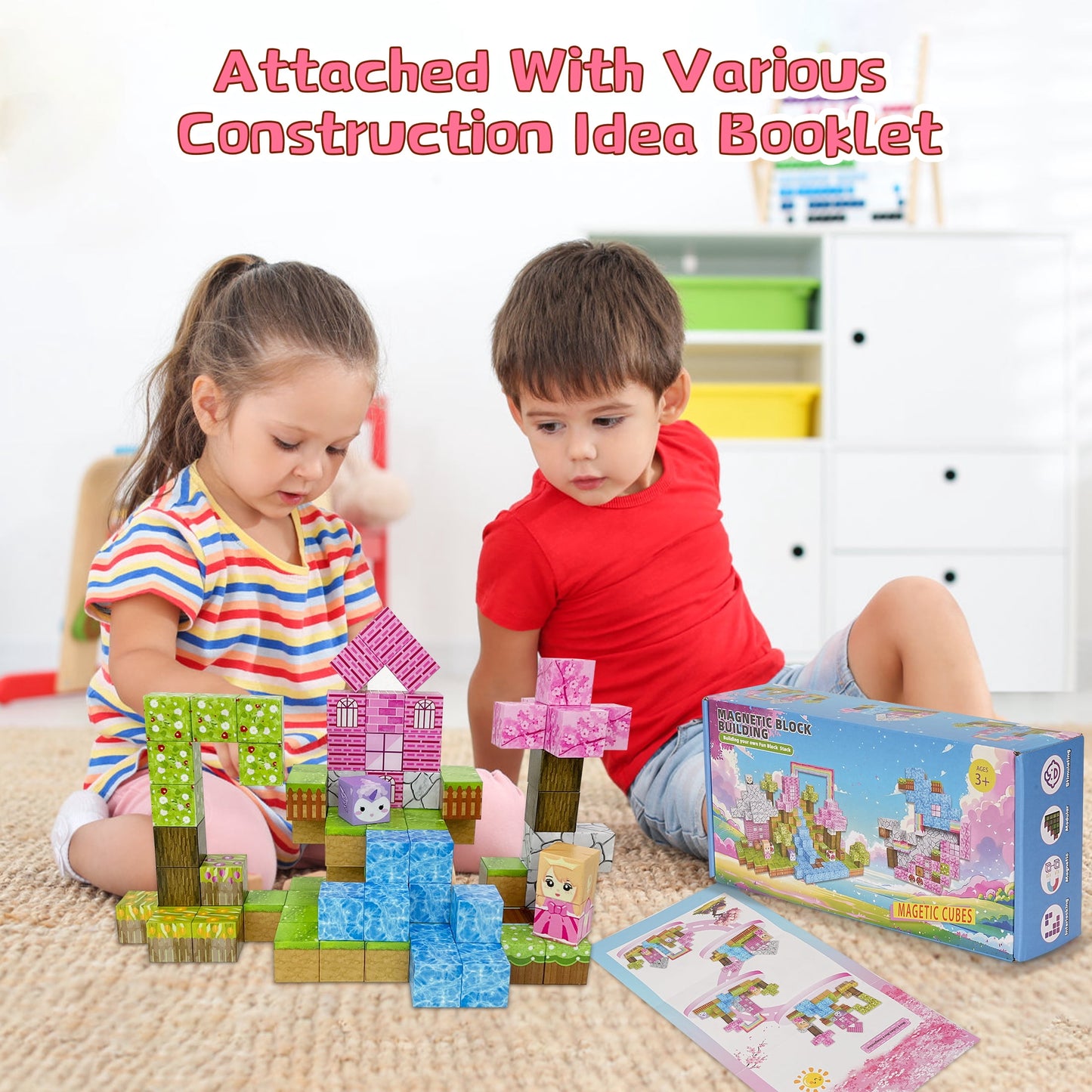 Crtynell 100 PCS Magnetic Blocks- magnetic block Pink Castle Set for 3-5 Years Old 6-8 Years Old Boys and Girls, Sensory Toys for Toddlers, Birthday Gifts for Kids