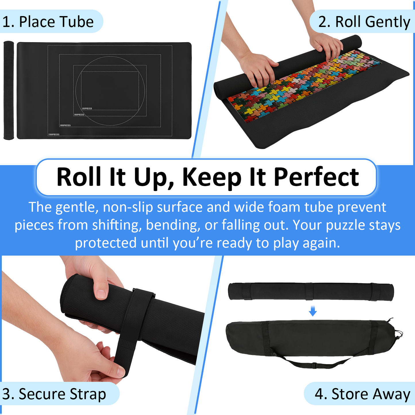 Jigsaw Puzzle Mat Kit for 1500 Pieces, 46x26 Inch Roll-Up Puzzle Saver with Non-Slip Backing, 6 Sorting Trays & Travel Storage Bag