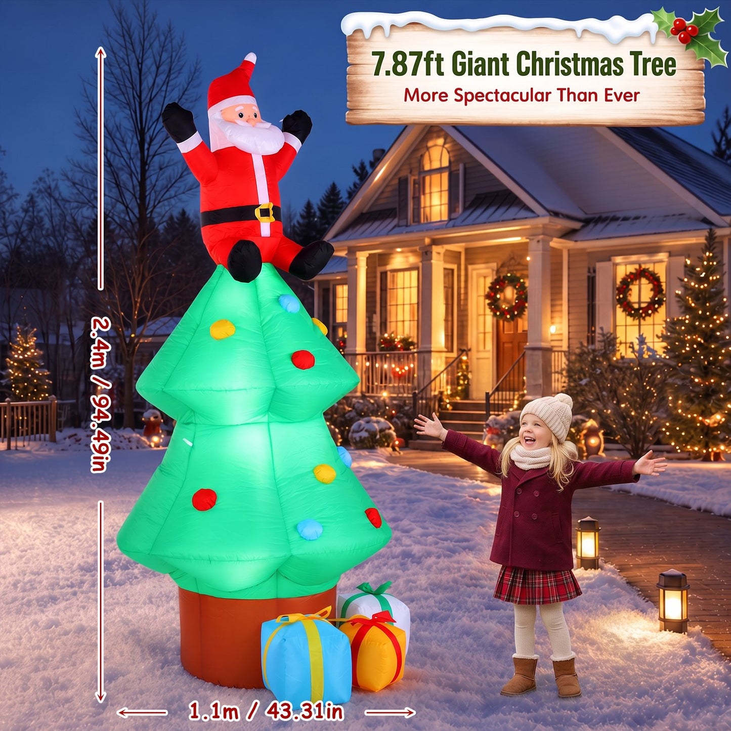 Crtynell 8ft Inflatable Christmas Tree Decoration LED with Santa Claus,Boxes Blow Up Yard Decoration
