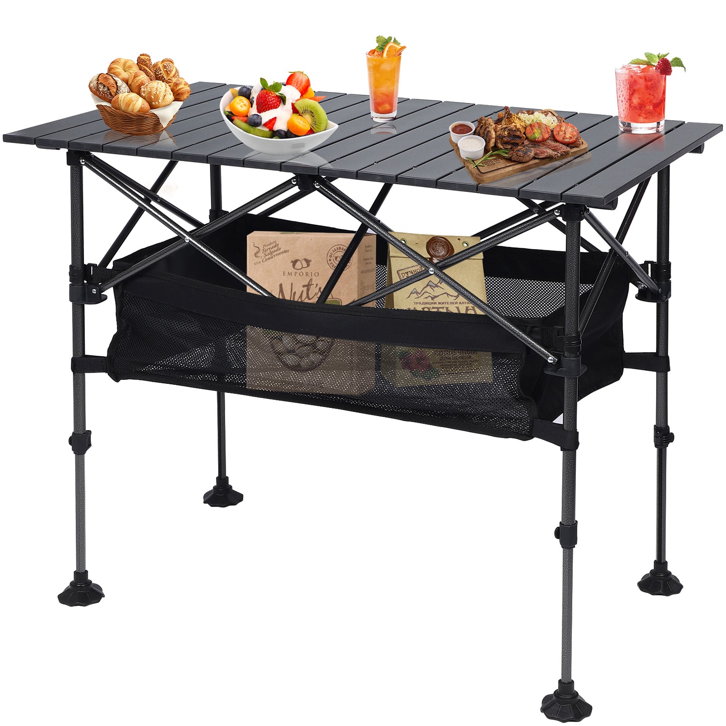 Loewten Camping Table with Adjustable Height 22"-30, Wide Feet, Storage & Carrying Bags for Picnic, BBQ, Beach, Backyard, Party