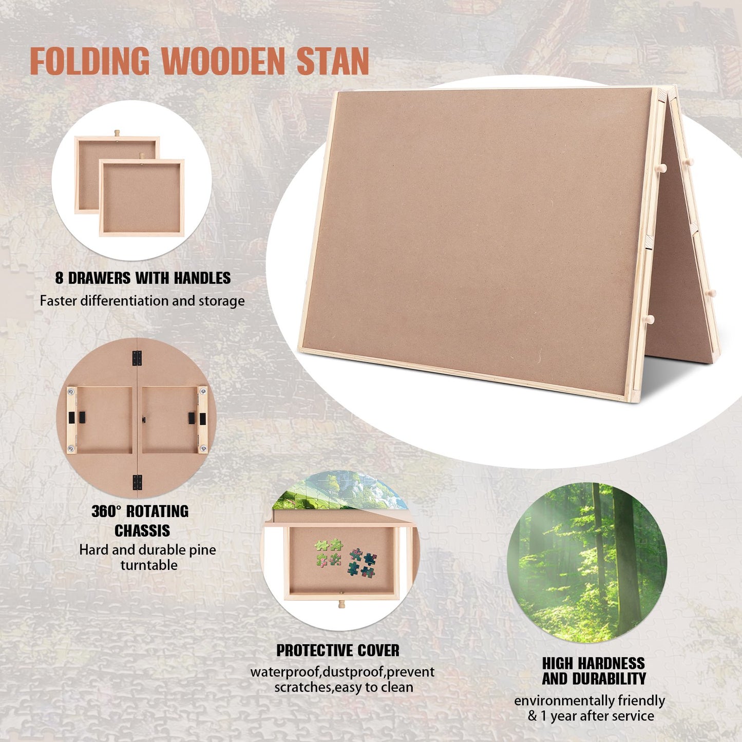 1500 Piece Puzzle Board With Drawers And Cover, 34" X 26" Wooden Rotating Jigsaw Puzzle Table, Fold Spinning Puzzle Boards For Adults And Kids