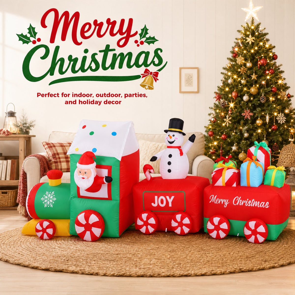 12 FT Christmas Inflatable Train with Santa,Snowman and Gift Outdoor Decoration, Christmas Blow Up Yard Decorations, Built-in LED Lights Inflatables Xmas Holiday Funny Decor for Indoor Lawn Garden