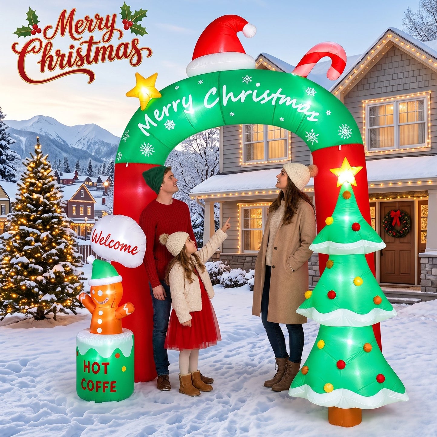 9 FT Christmas Inflatables Archway, Santa Claus & Gingerbread Man Archway for Outdoor, Lawn, Garden, Yard, Party Holiday Decorations