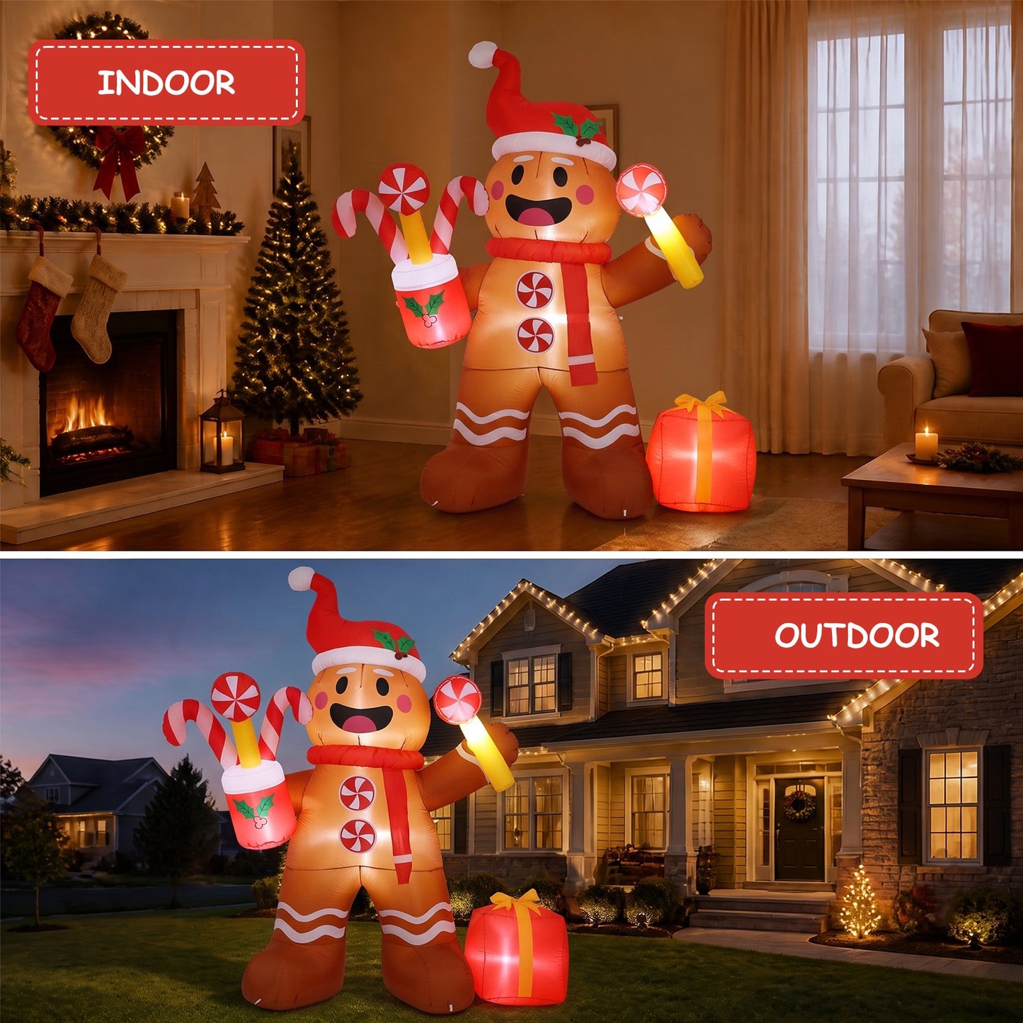 8 FT Christmas Inflatable Gingerbread Man in Lollipop Outdoor Decorations with 5 LED Lights Holiday Yard Decoration Christmas Blow Up Decor Large Sets for Garden Lawn Xmas Party