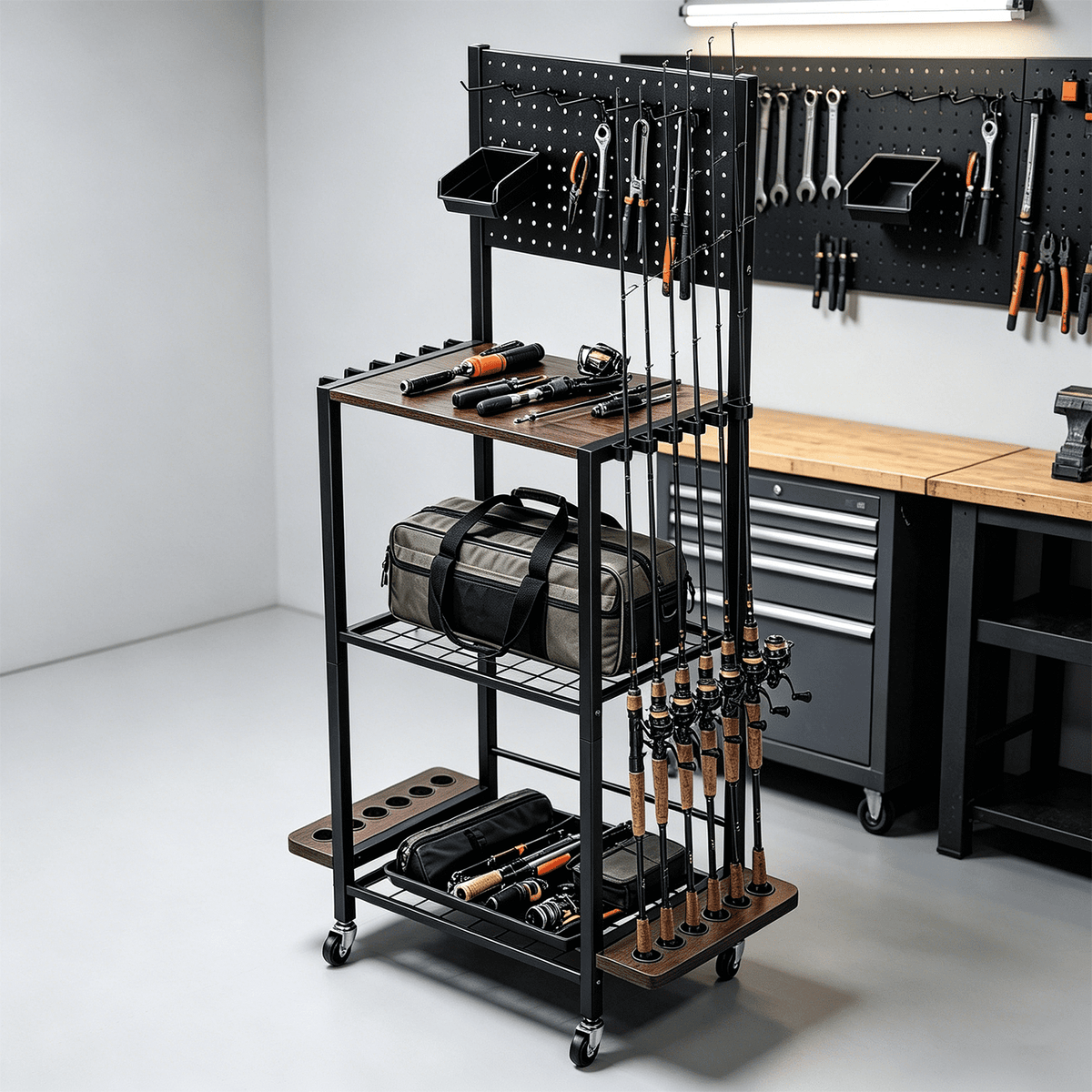 Fishing Rod Holder with Back Panel,Fishing Rod Rack & Storage Cabinet,Fishing Gear Storage up to 12 Rods with Hooks and Wheels,Fishing Cart For Garage Home Entryway Corner Gift Ideas For Men Dad