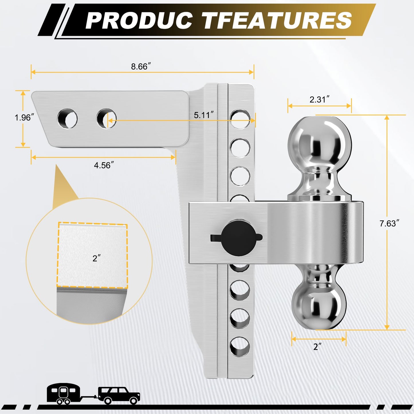 Crtynell Adjustable Trailer Tow Hitch - For Use Only With 2" Receiver, 8" Lift, 3-Ball (1-7/8"X2" X 2-5/16"), Adjustable Aluminum Trailer Hitch For Heavy Duty Trucks - 12,500 Gtw With Trailer Lock