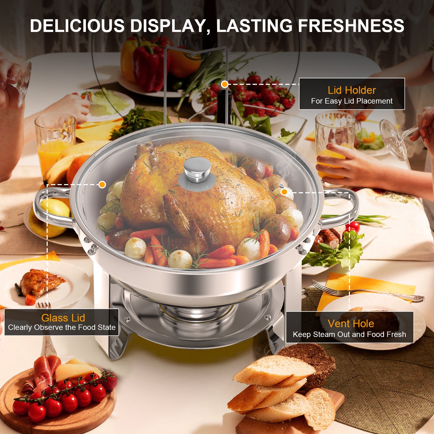 Loewten 4-Pack Chafing Dish Buffet Set,5QT Stainless Steel Catering Food Warmer with Lid & Holder for Parties, Events,Silver