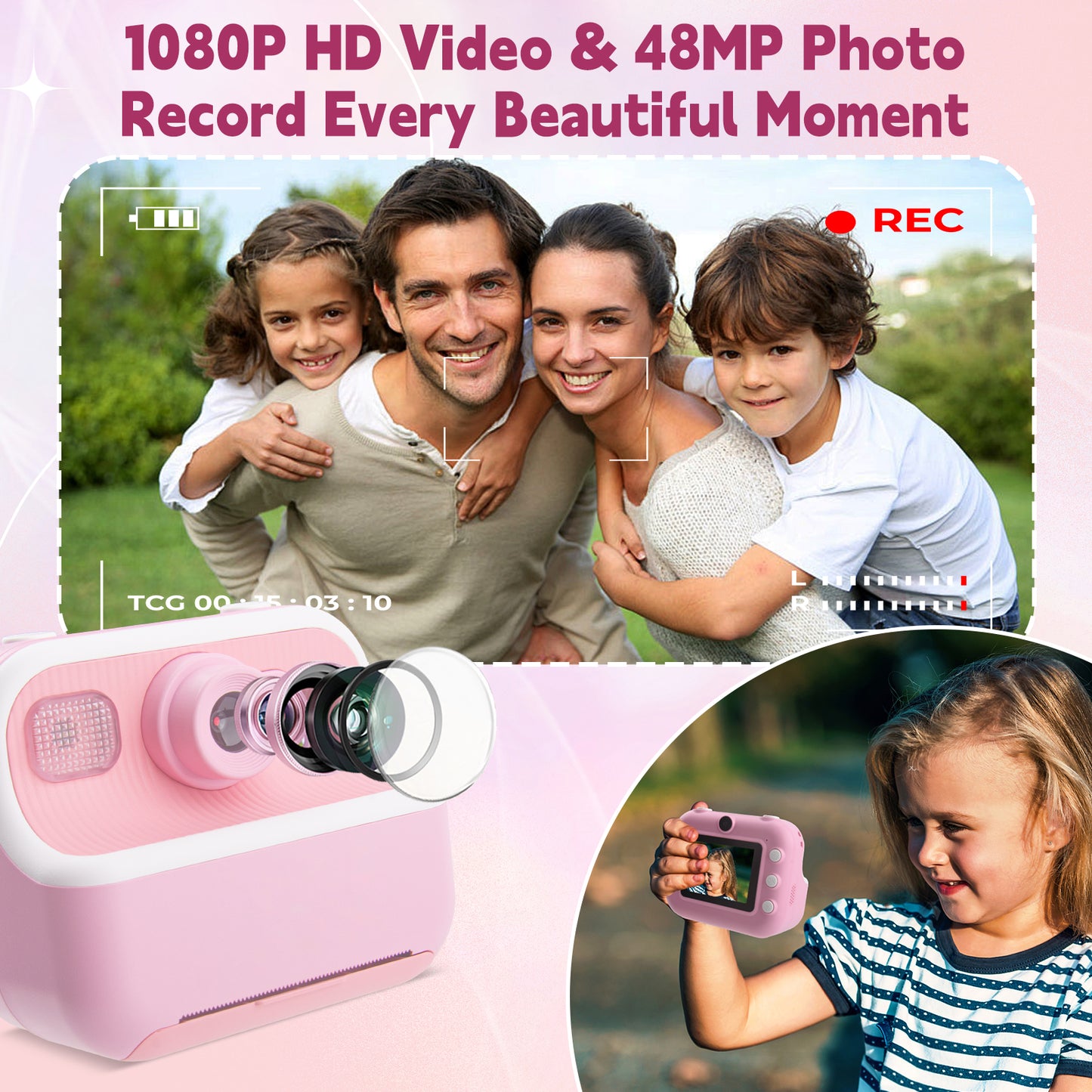 DOMQGA Kids Camera Instant Print,1080P Rechargeable Portable Kids Digital Cameras Christmas Birthday Gifts with 32G SD Card,Pink