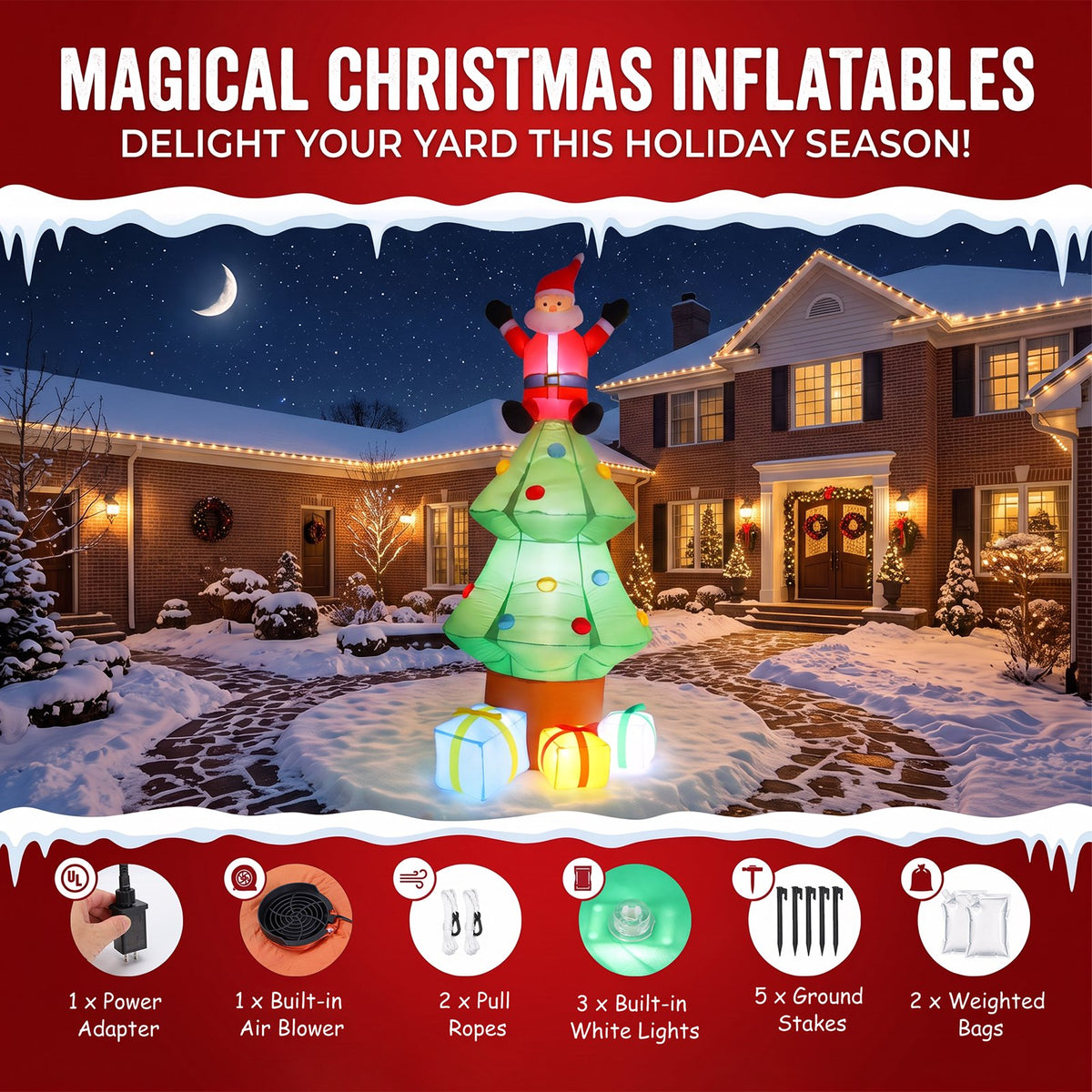 Crtynell 8ft Inflatable Christmas Tree Decoration LED with Santa Claus,Boxes Blow Up Yard Decoration
