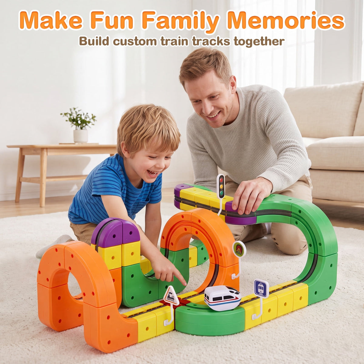 Electric Train Track Set for Kids(Gear style), 81PCS DIY Flexible Race Track Building Cube Toy Train with Traffic Signs, Christmas Birthday Gift for Kids Boys and Girls Aged 3-8