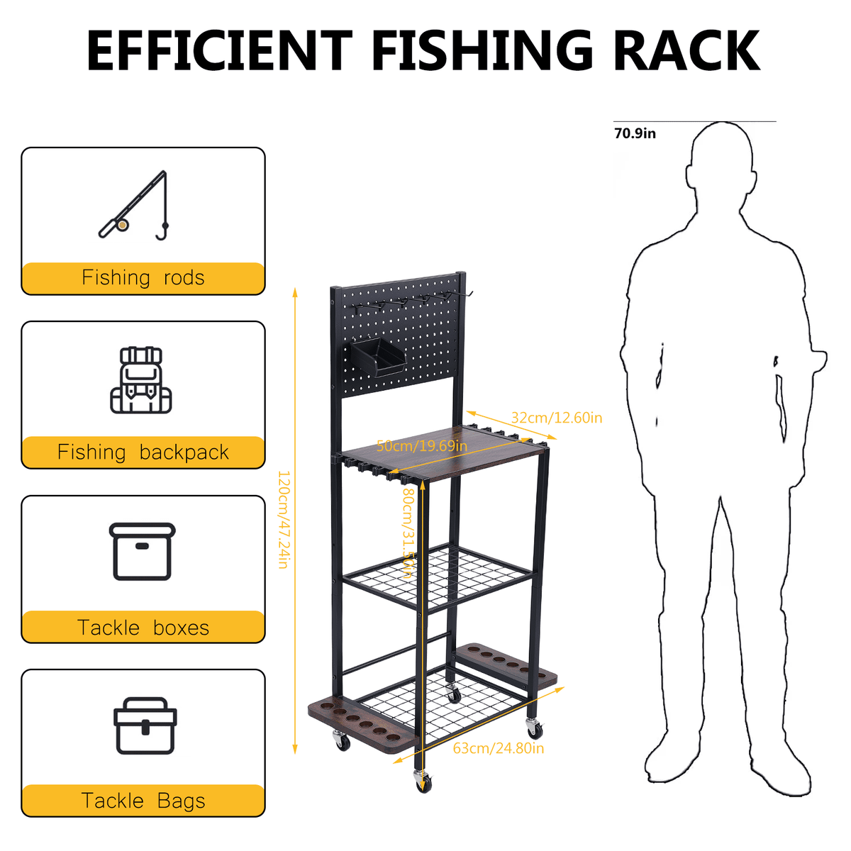 Fishing Rod Holder with Back Panel,Fishing Rod Rack & Storage Cabinet,Fishing Gear Storage up to 12 Rods with Hooks and Wheels,Fishing Cart For Garage Home Entryway Corner Gift Ideas For Men Dad