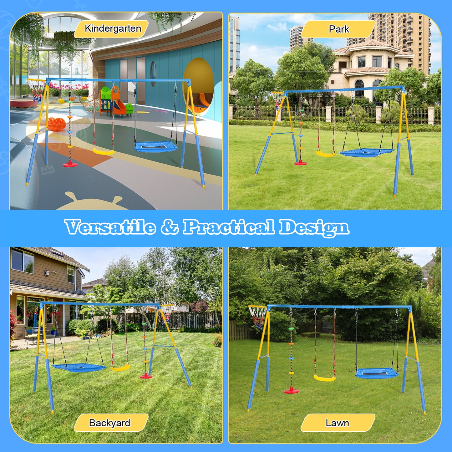 4 in 1 Swing Sets for Outside,kids Metal Swing Set with Saucer Swing,Climbing Rope,Basketball Hoop